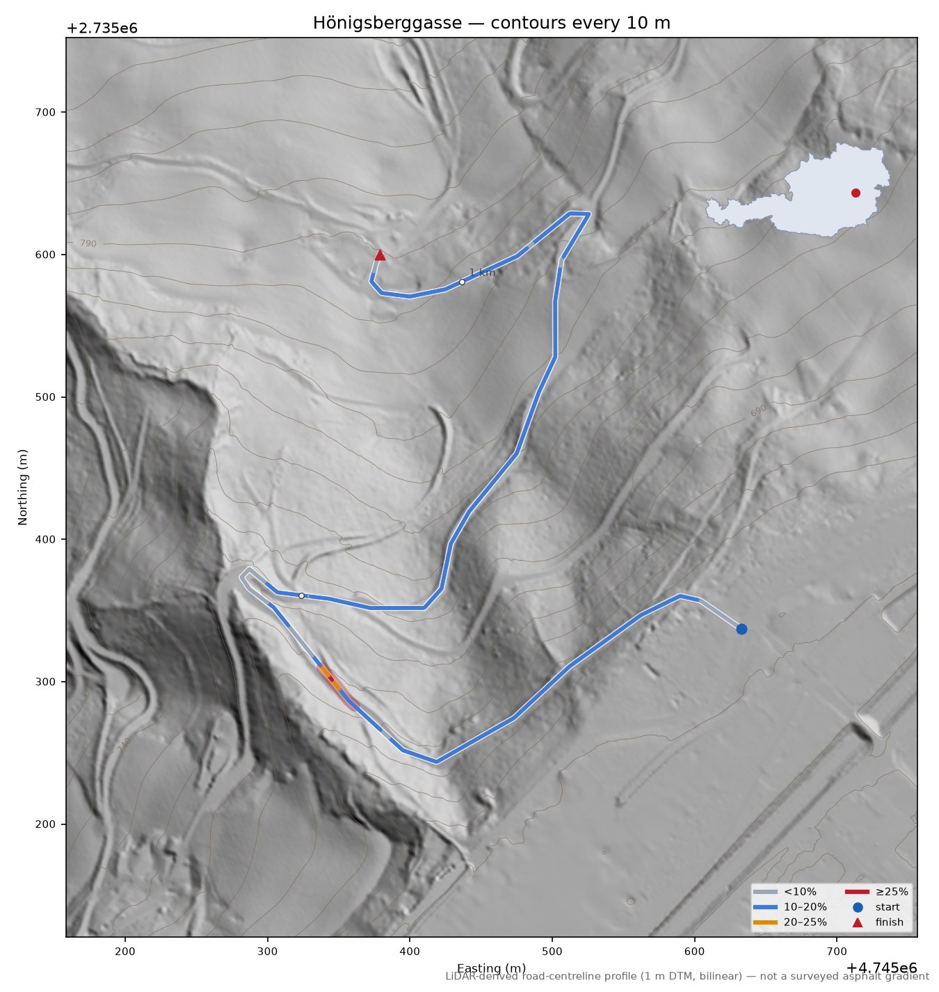 Hönigsberggasse LiDAR hillshade map with contours
