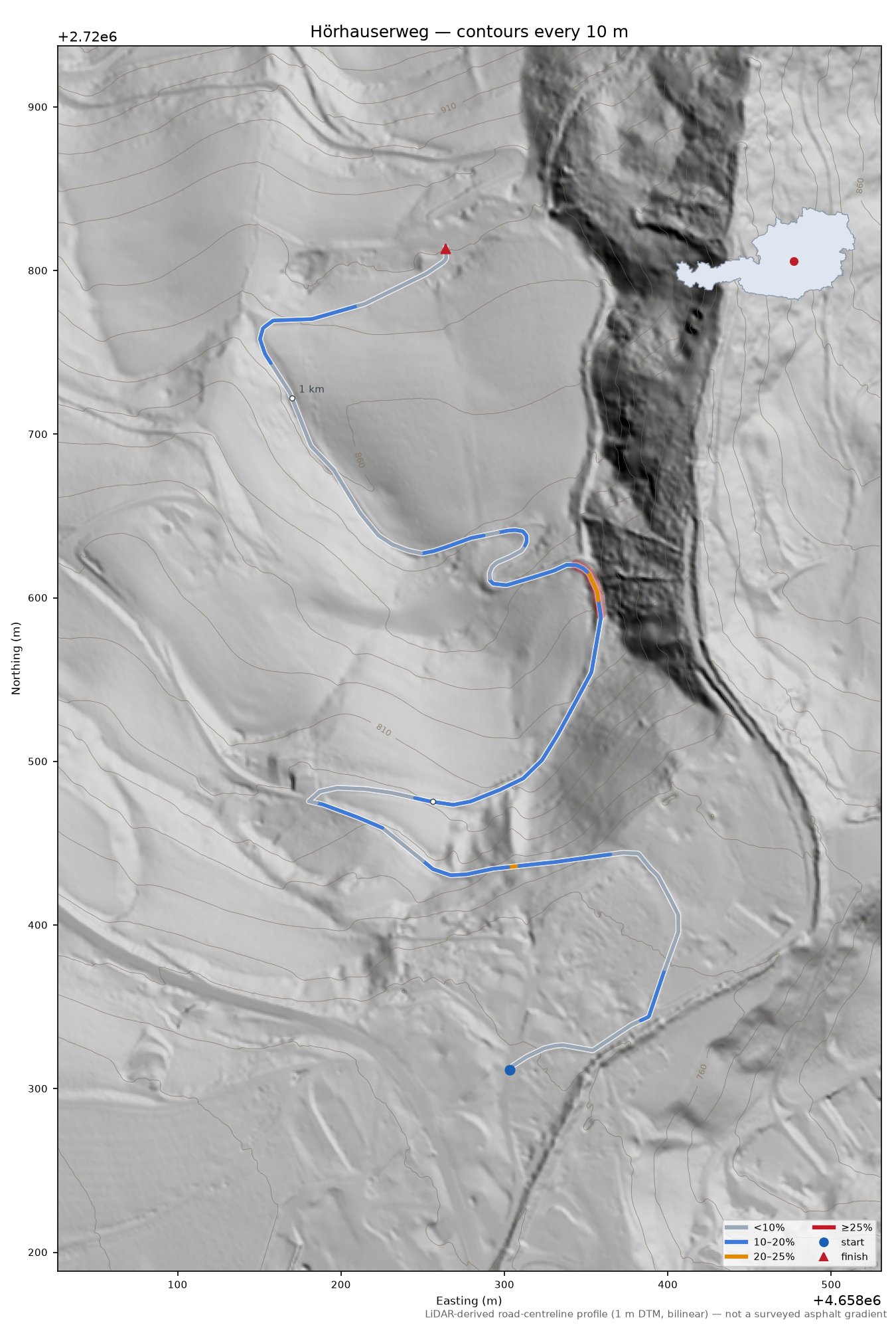 Hörhauserweg LiDAR hillshade map with contours