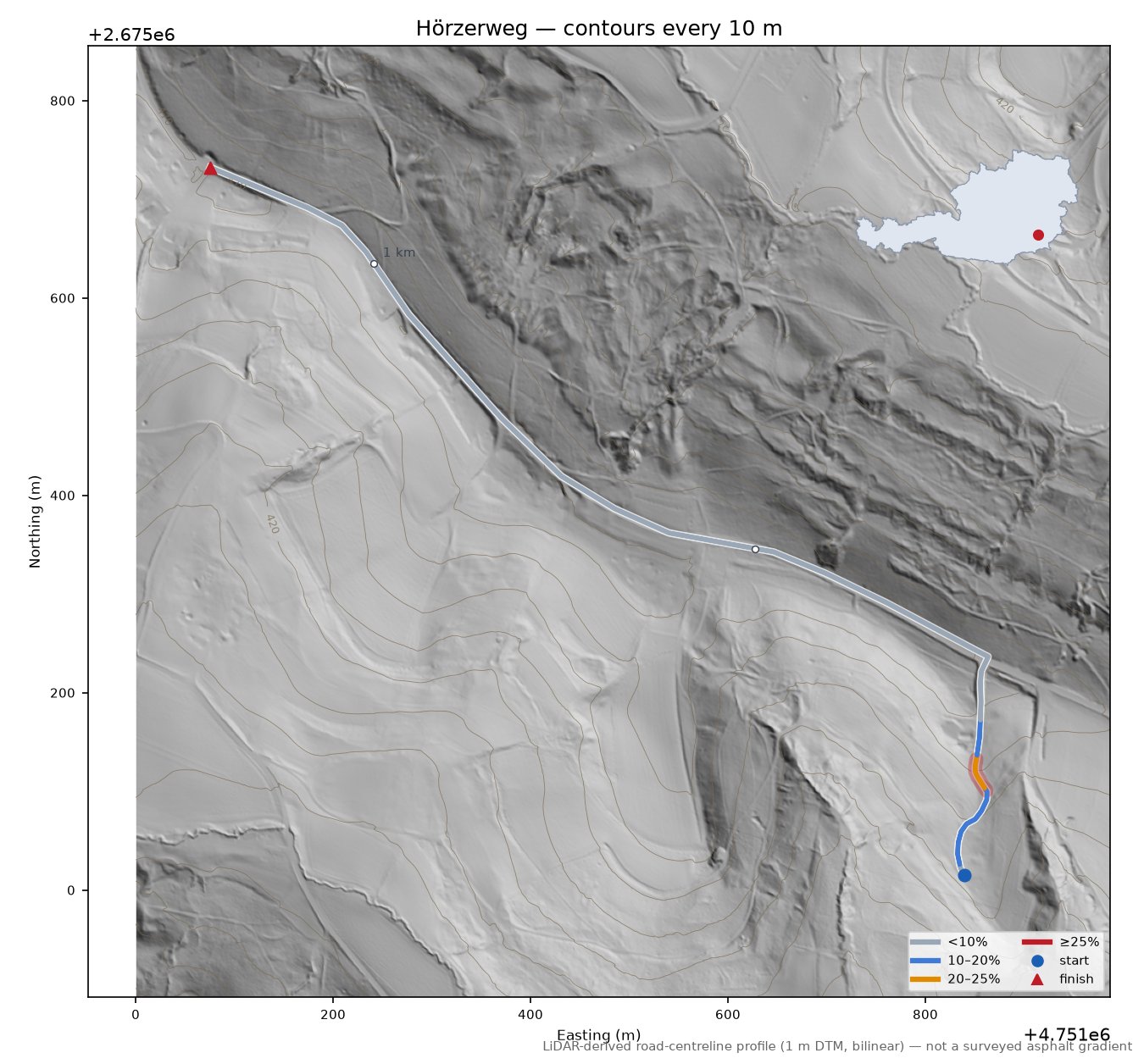 Hörzerweg LiDAR hillshade map with contours