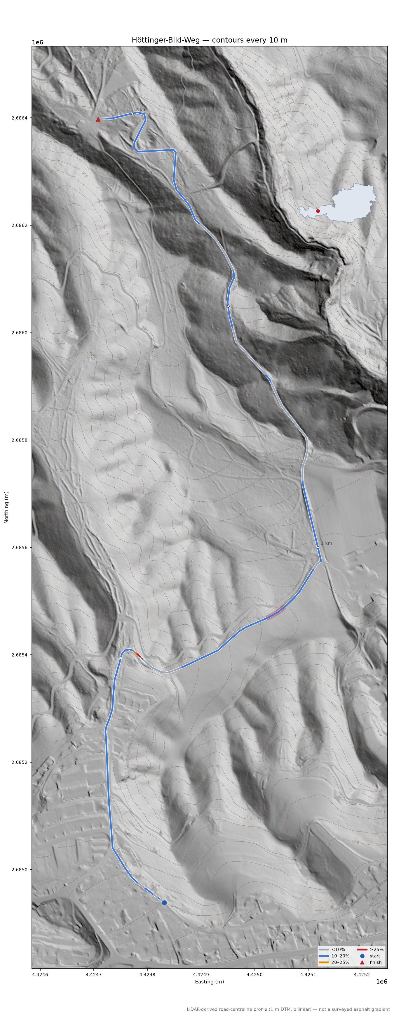 Höttinger-Bild-Weg LiDAR hillshade map with contours