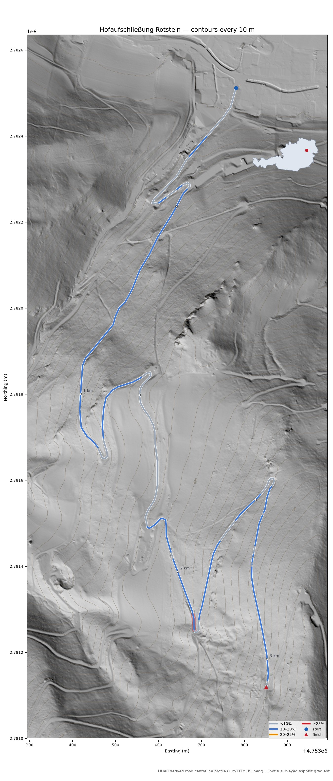 Hofaufschließung Rotstein LiDAR hillshade map with contours