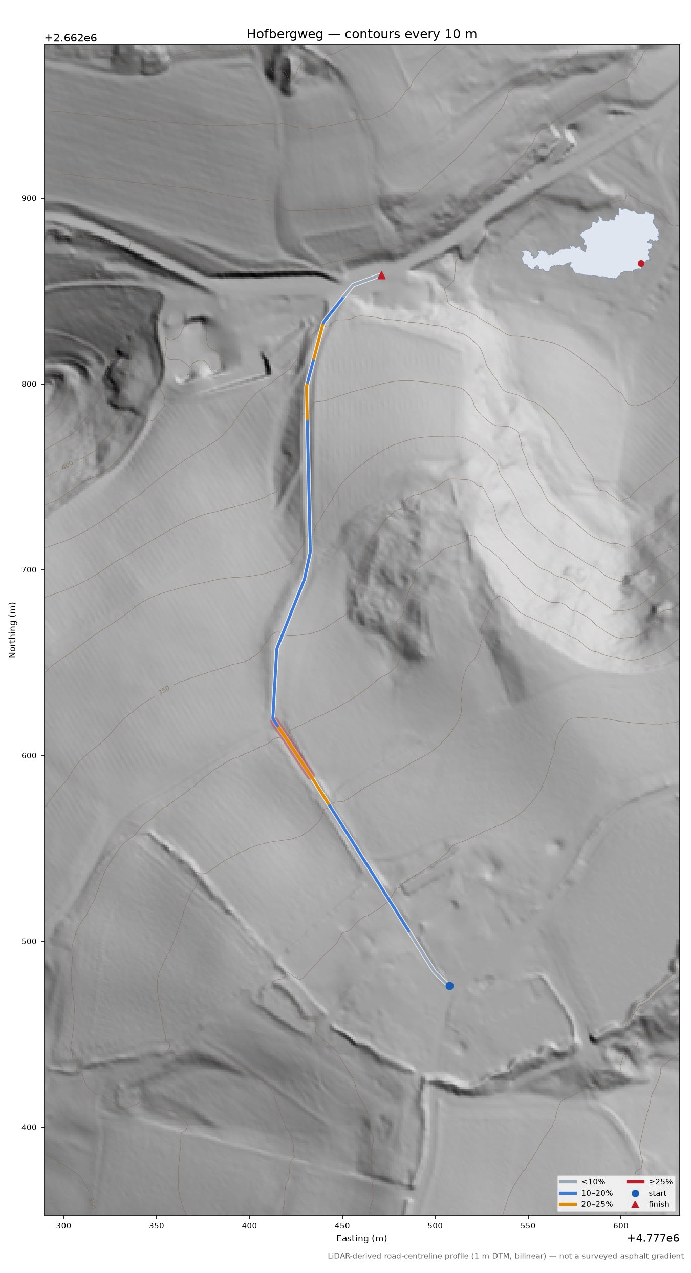 Hofbergweg LiDAR hillshade map with contours