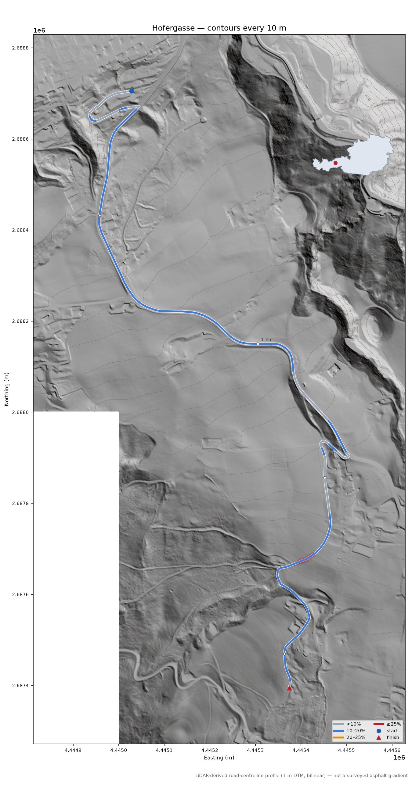 Hofergasse LiDAR hillshade map with contours