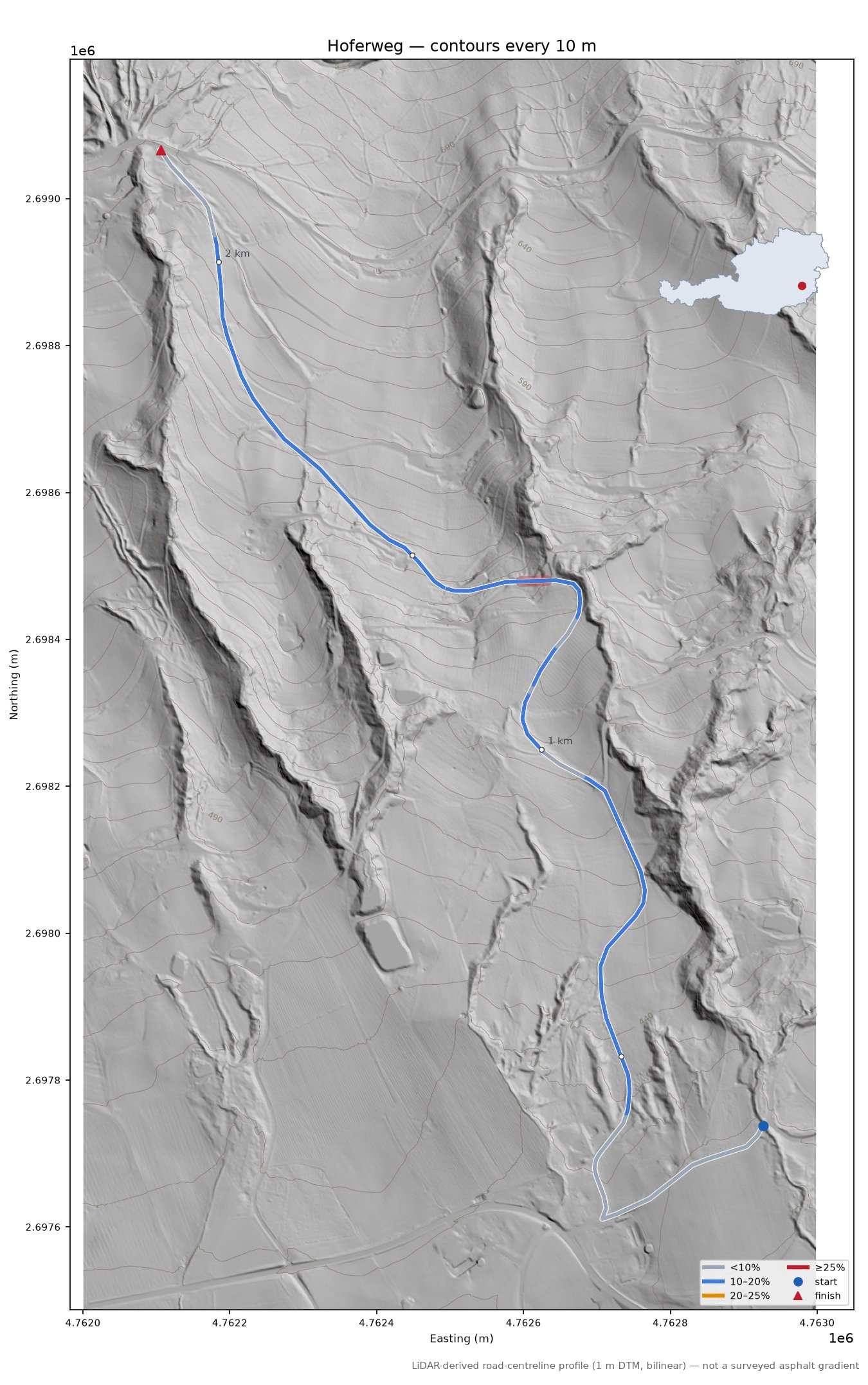 Hoferweg LiDAR hillshade map with contours