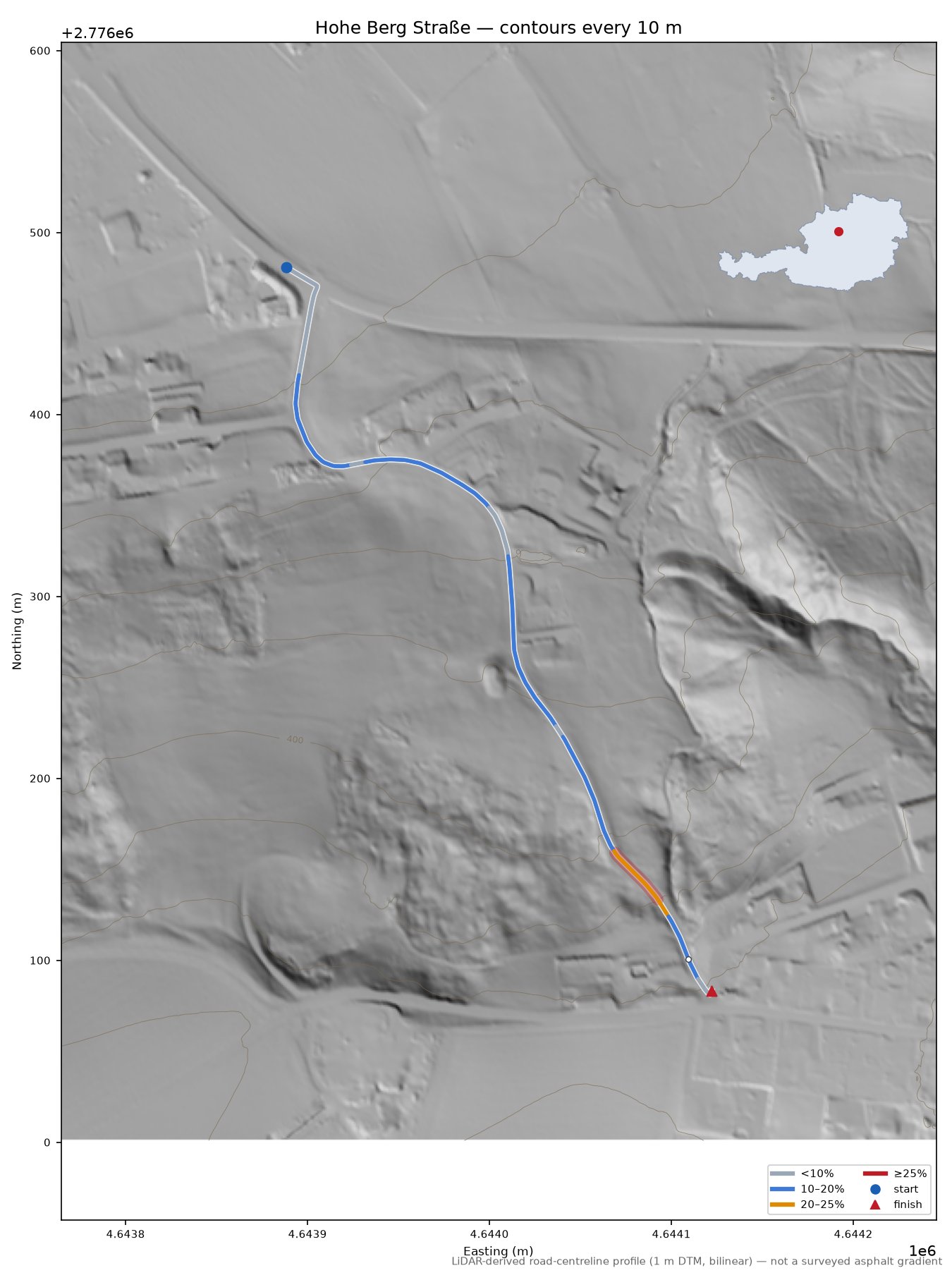 Hohe Berg Straße LiDAR hillshade map with contours