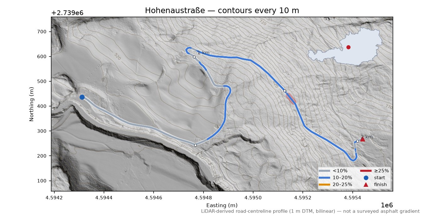 Hohenaustraße LiDAR hillshade map with contours