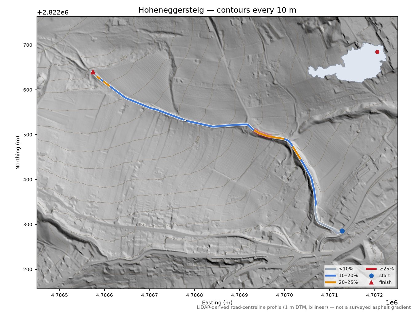 Hoheneggersteig LiDAR hillshade map with contours