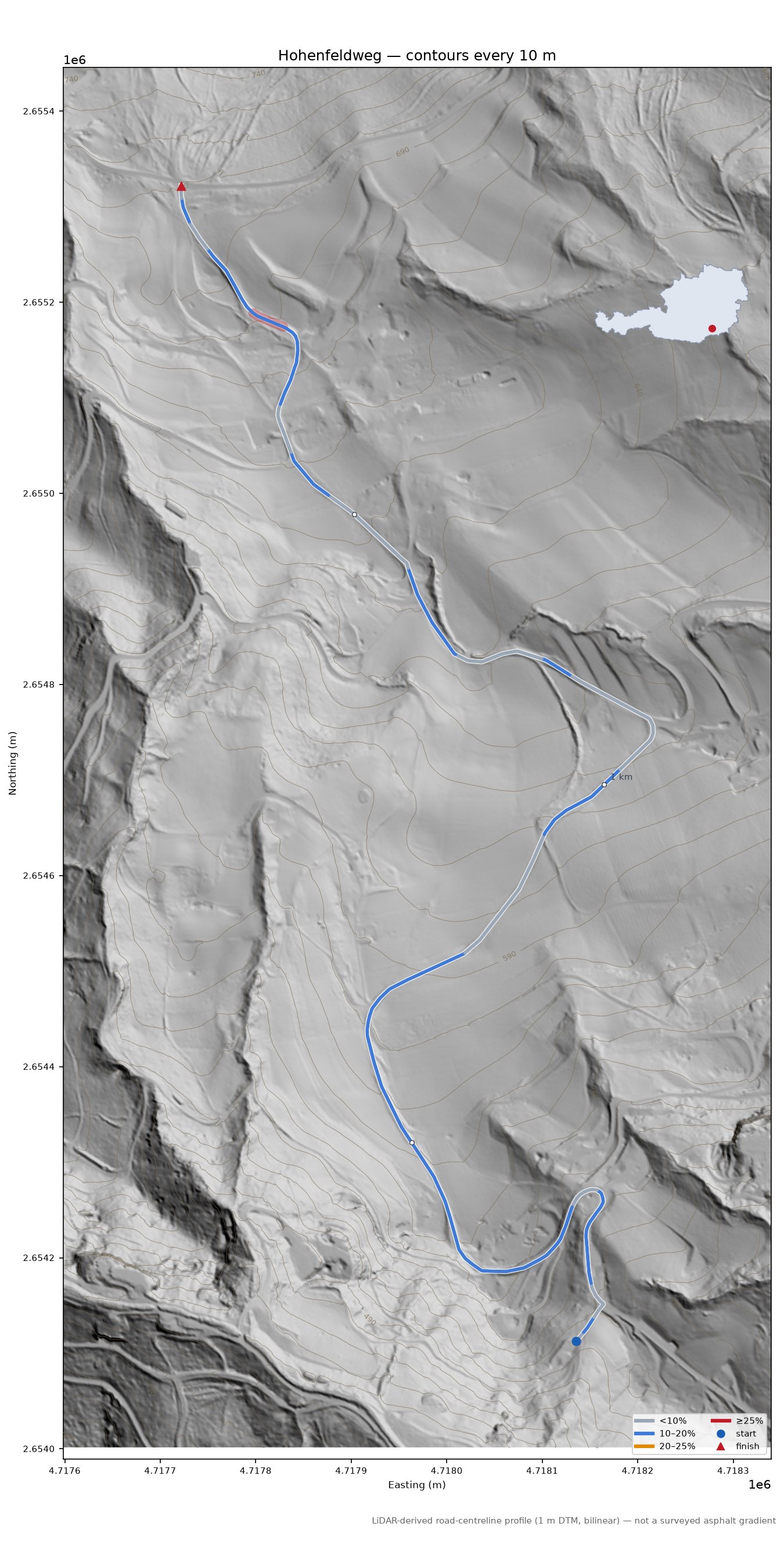Hohenfeldweg LiDAR hillshade map with contours