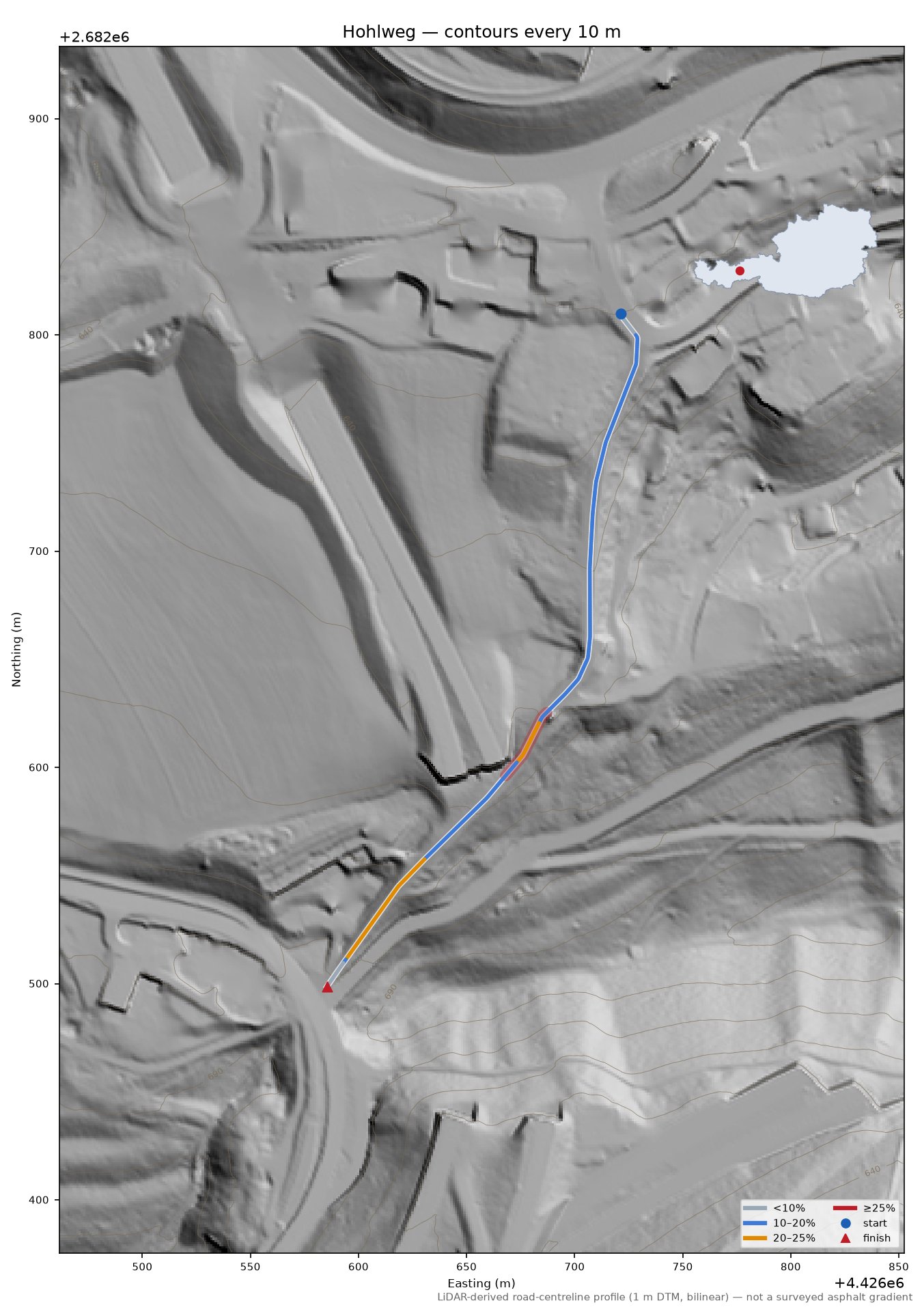 Hohlweg LiDAR hillshade map with contours