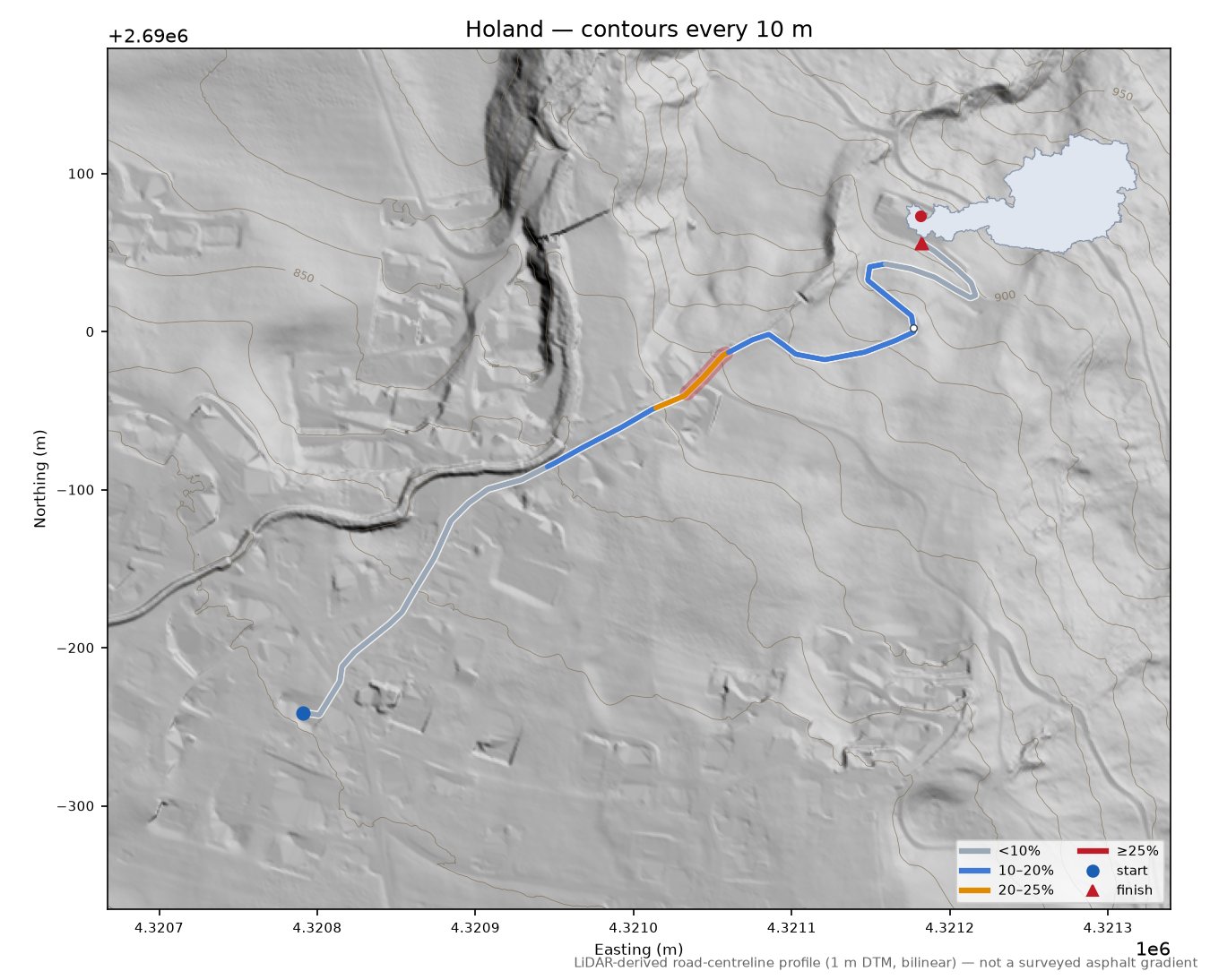 Holand LiDAR hillshade map with contours