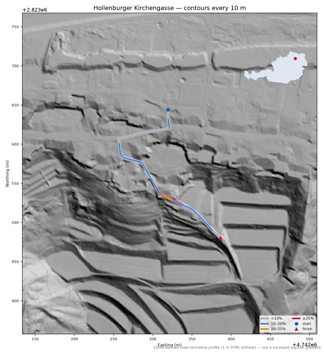 Hollenburger Kirchengasse LiDAR hillshade map with contours