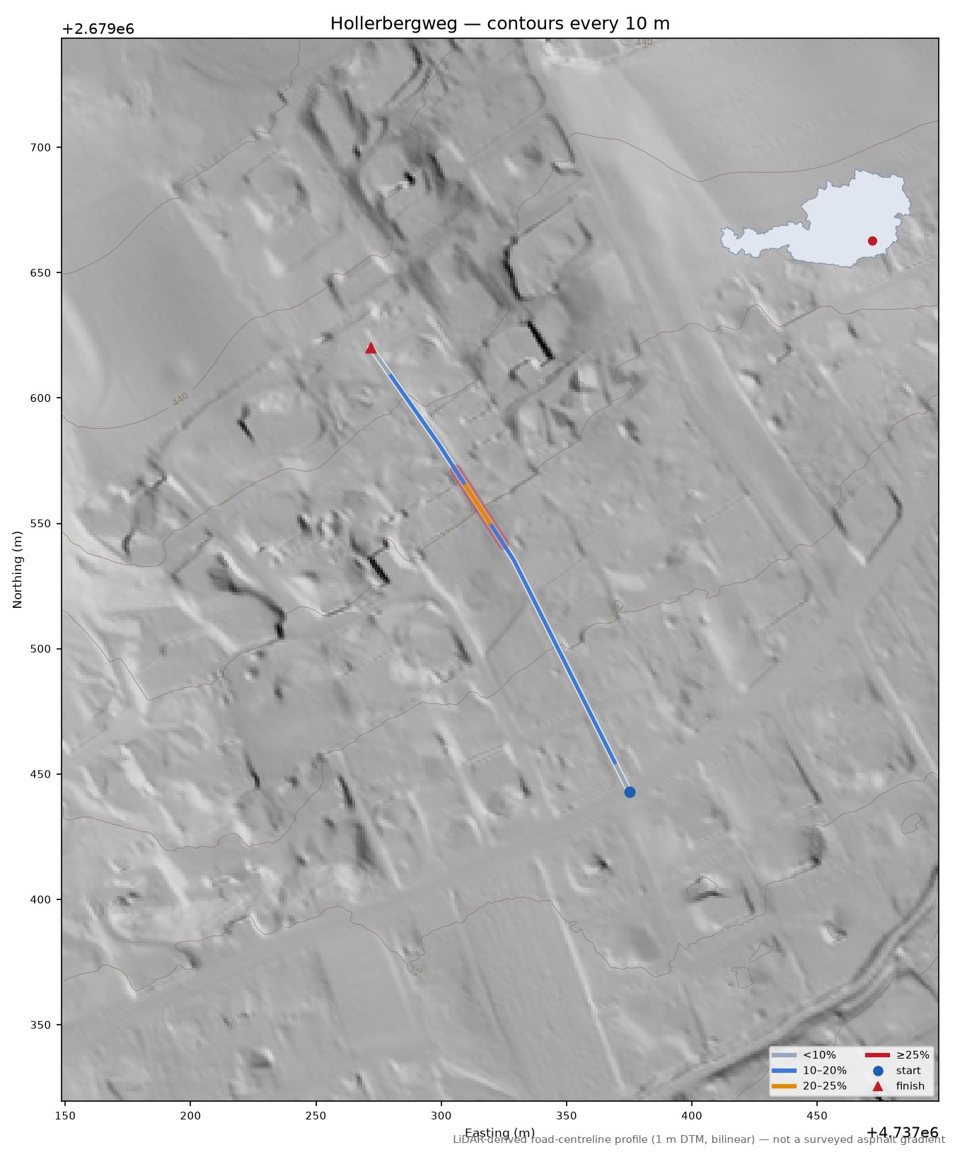 Hollerbergweg LiDAR hillshade map with contours
