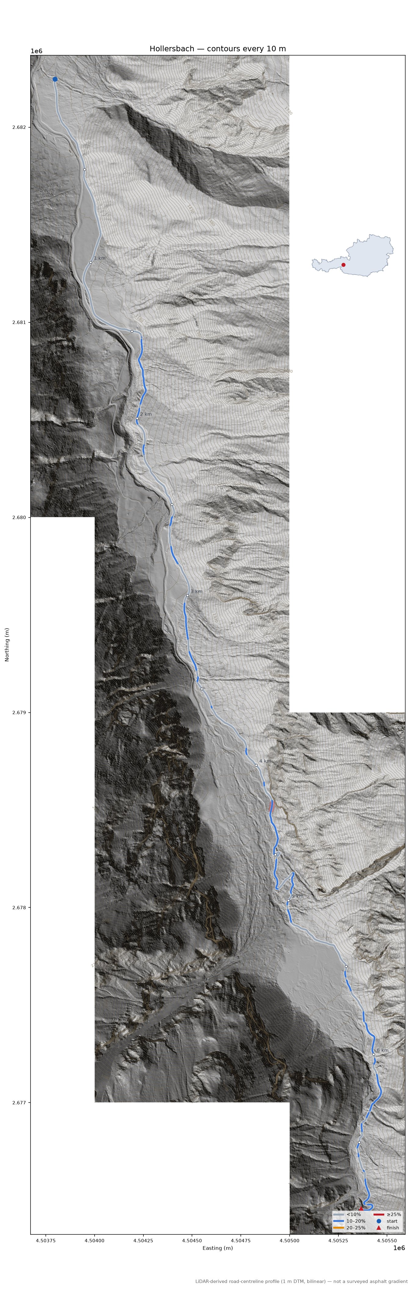 Hollersbach LiDAR hillshade map with contours