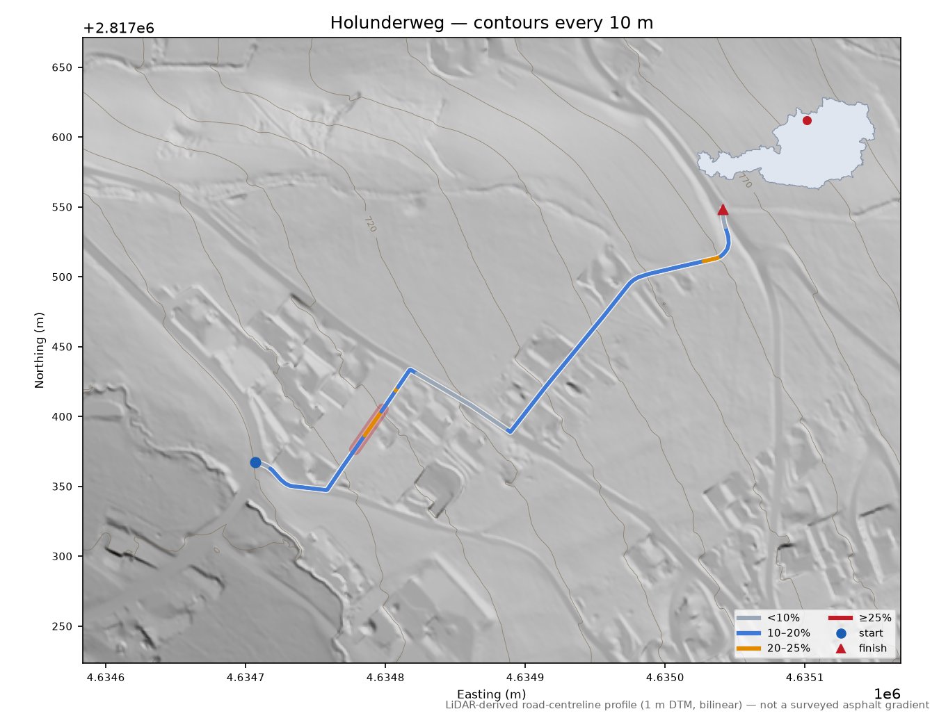 Holunderweg LiDAR hillshade map with contours