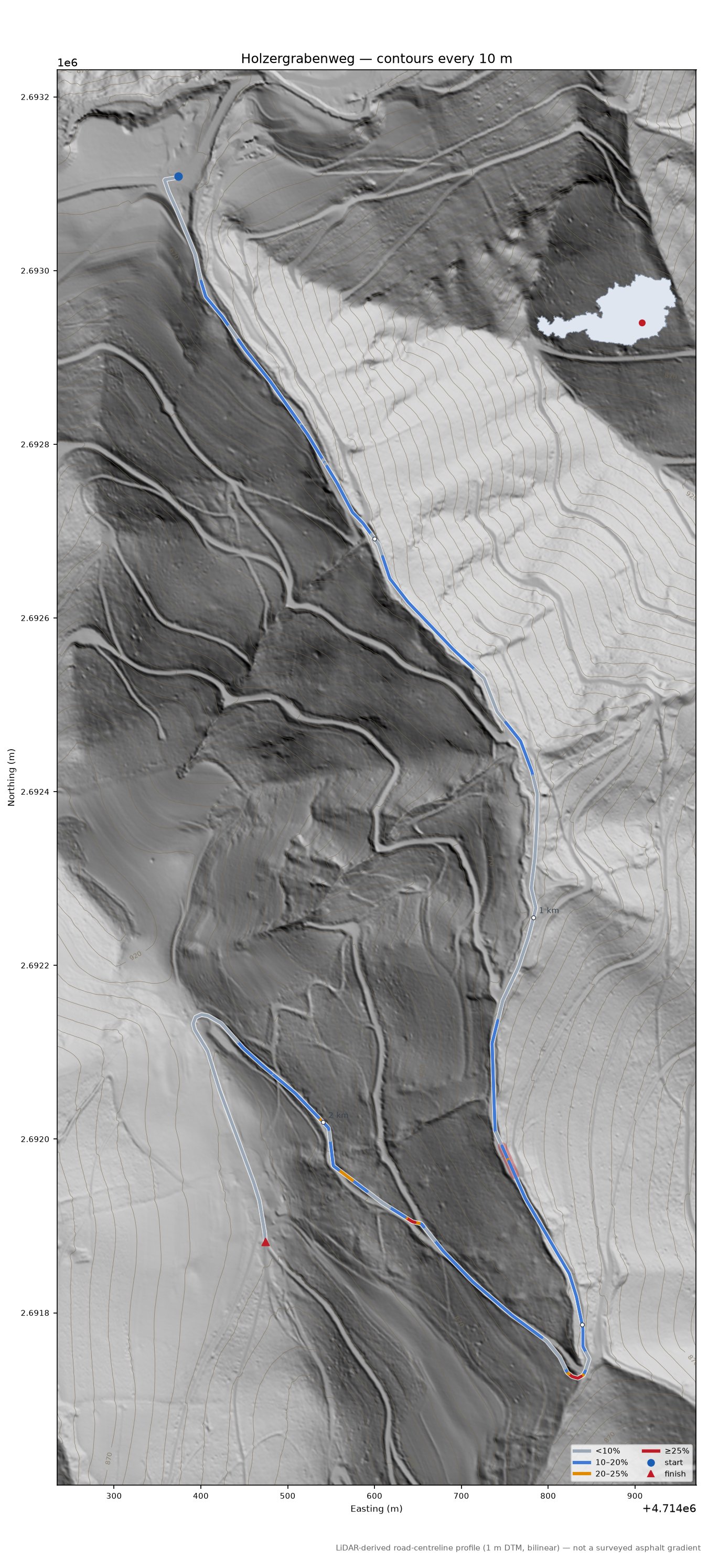 Holzergrabenweg LiDAR hillshade map with contours