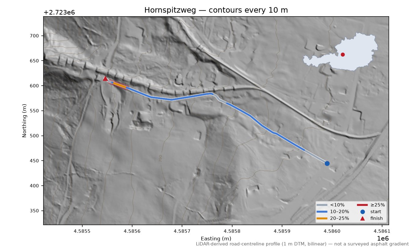 Hornspitzweg LiDAR hillshade map with contours