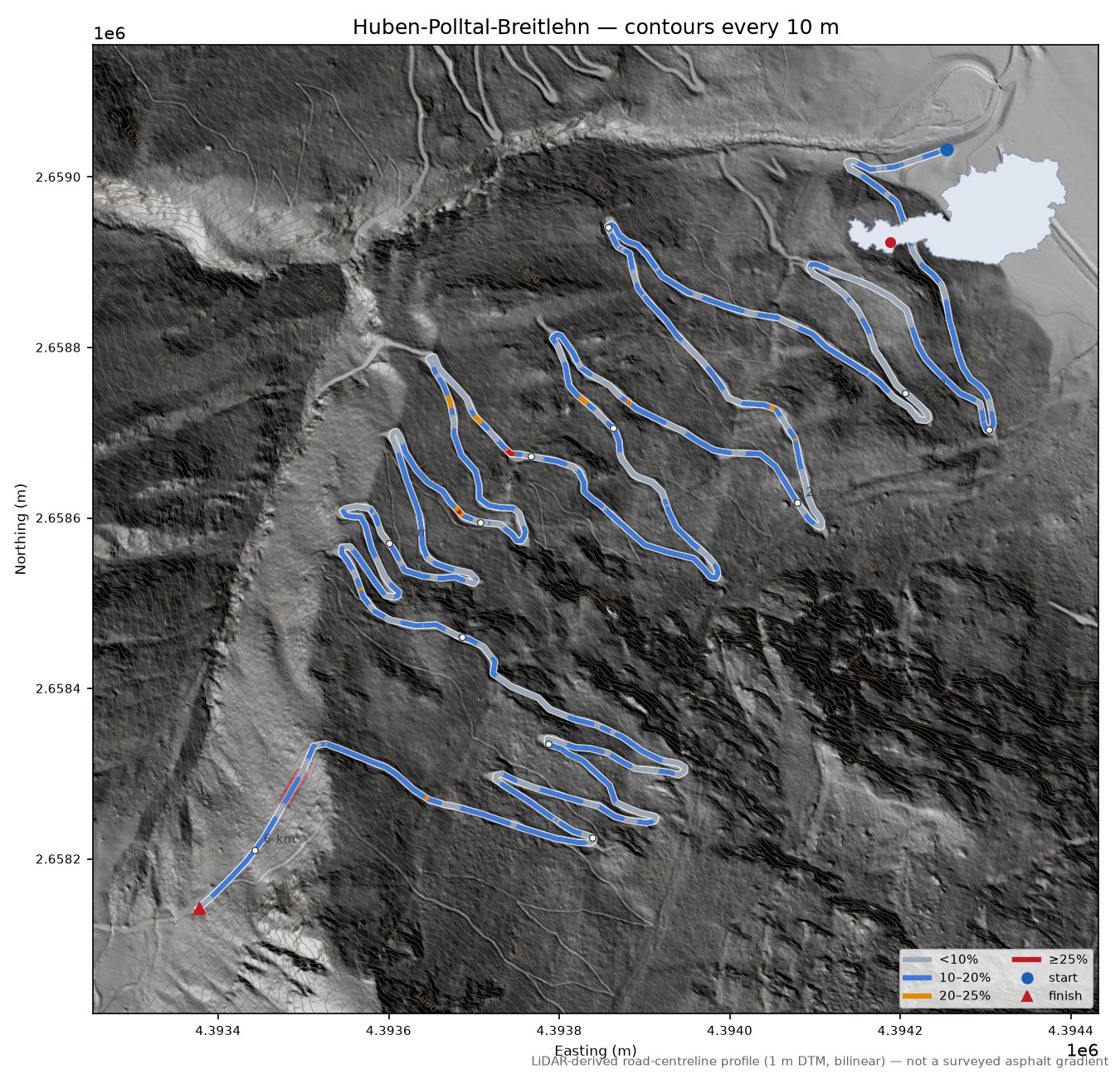 Huben-Polltal-Breitlehn LiDAR hillshade map with contours