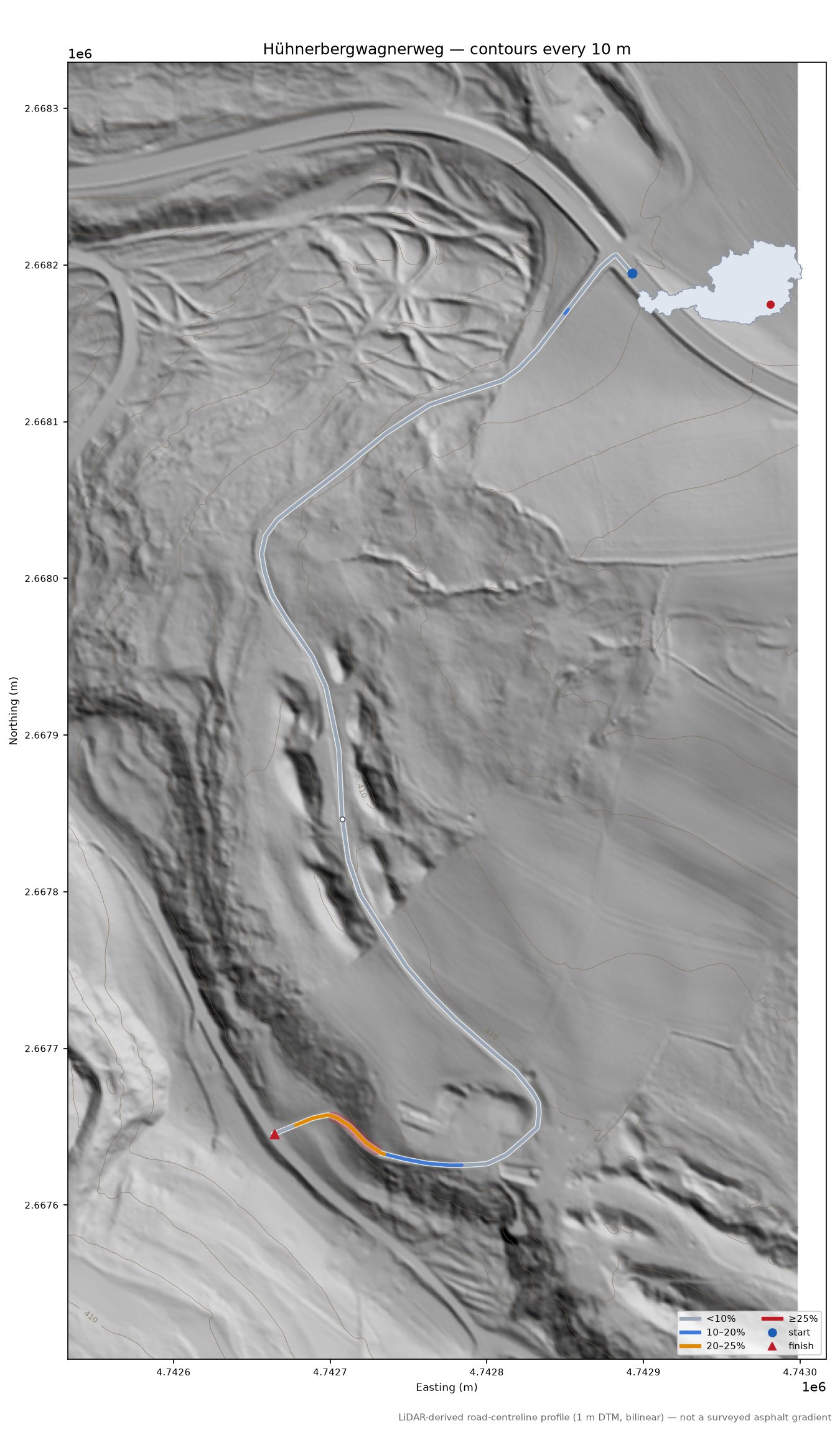 Hühnerbergwagnerweg LiDAR hillshade map with contours