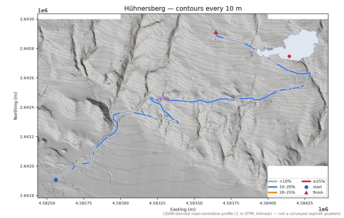 Hühnersberg LiDAR hillshade map with contours
