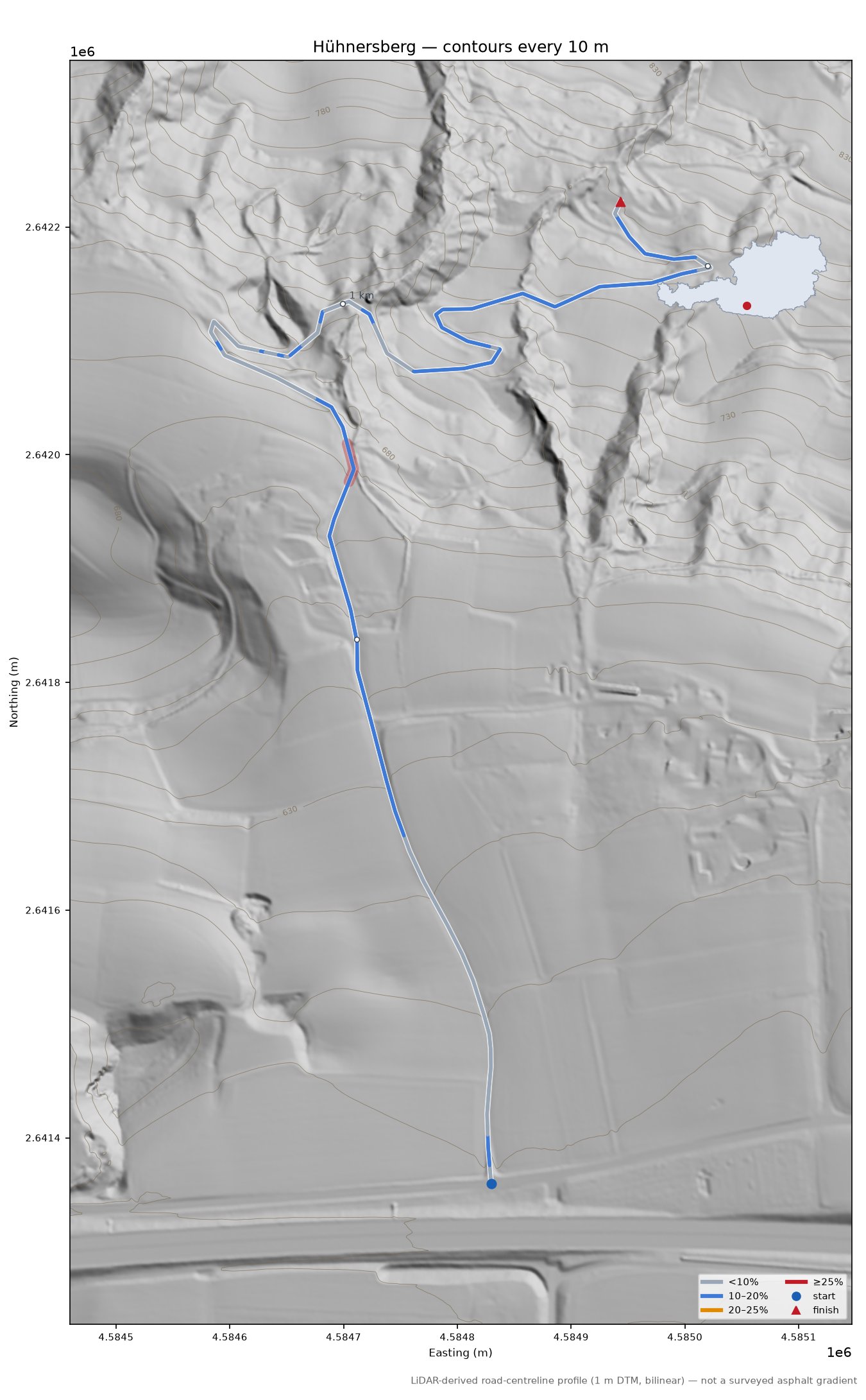 Hühnersberg LiDAR hillshade map with contours