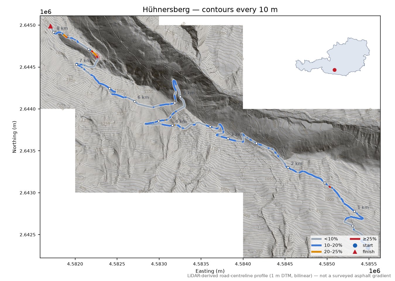 Hühnersberg LiDAR hillshade map with contours