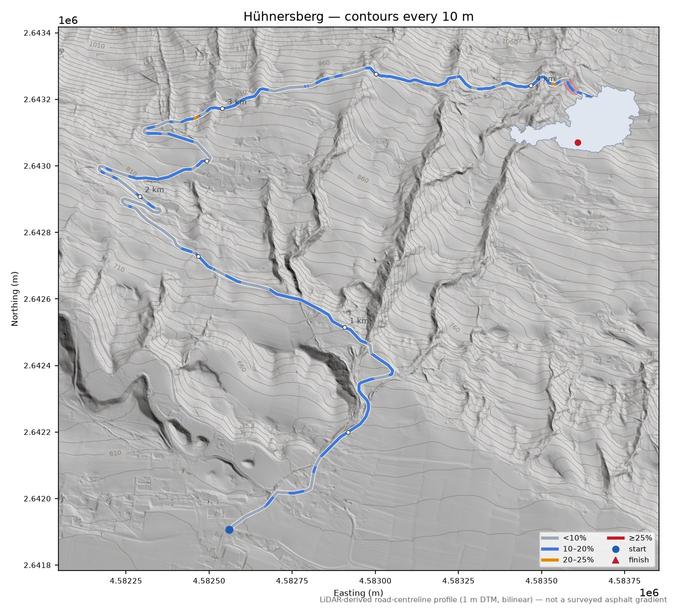 Hühnersberg LiDAR hillshade map with contours