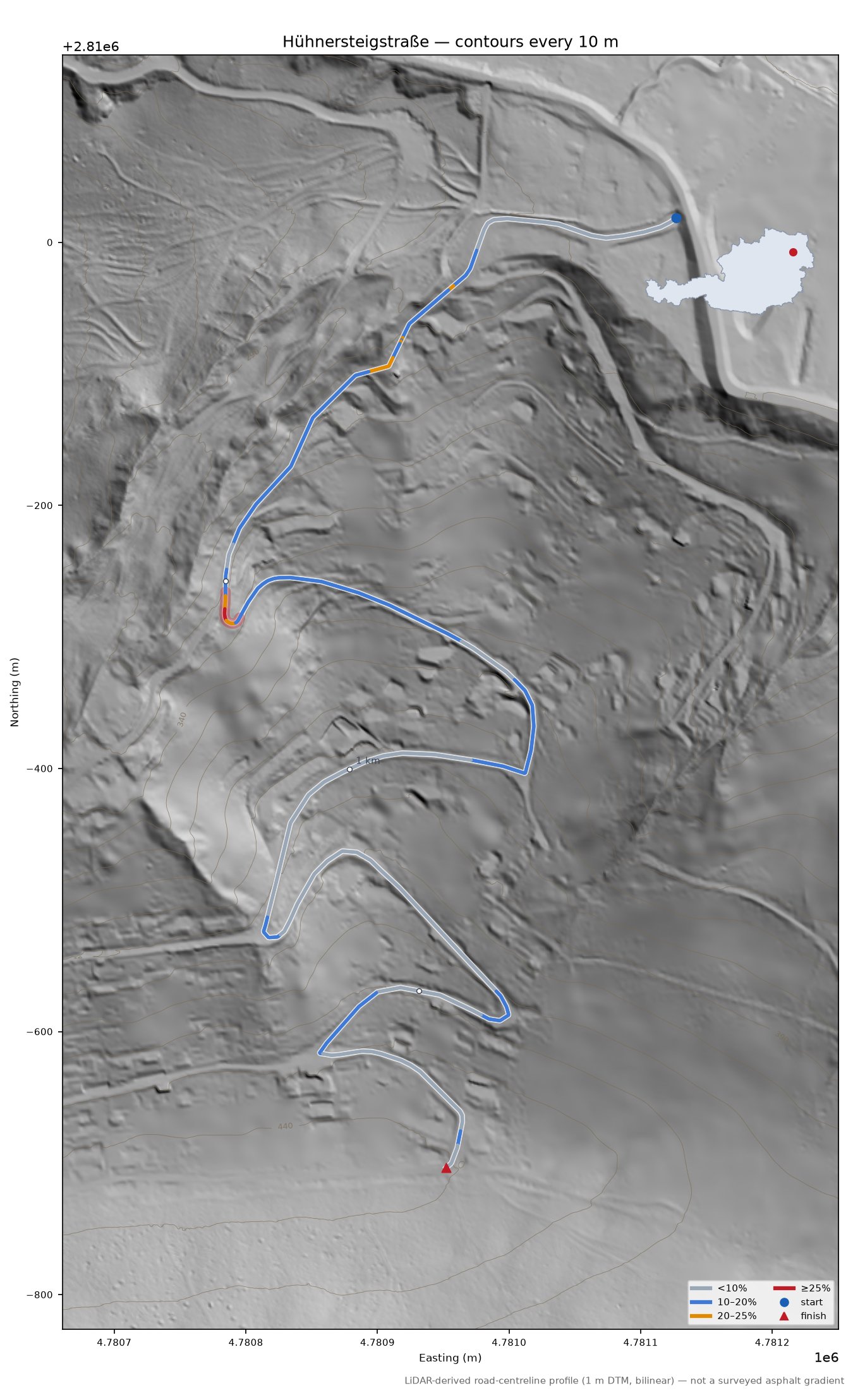 Hühnersteigstraße LiDAR hillshade map with contours