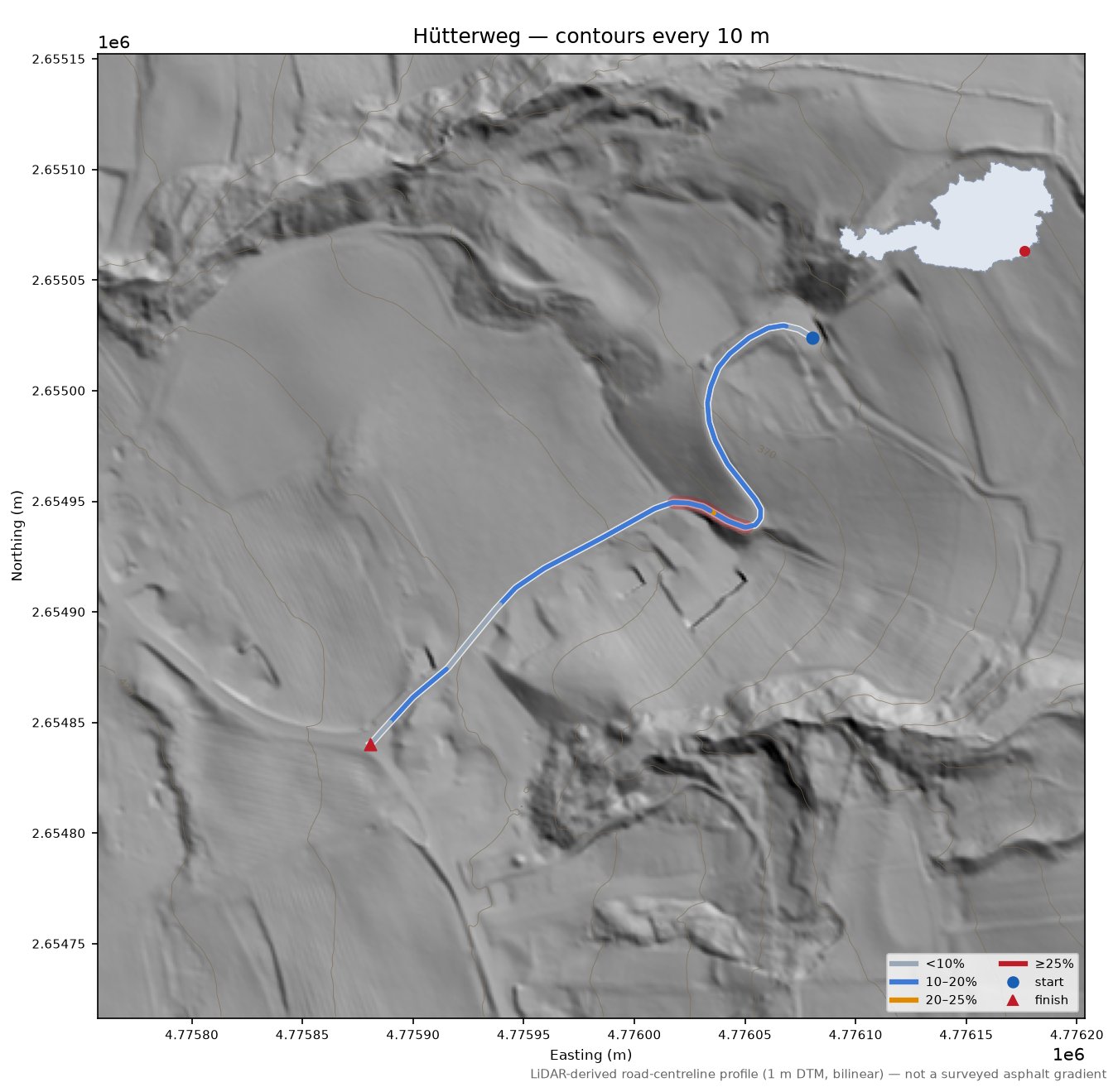 Hütterweg LiDAR hillshade map with contours