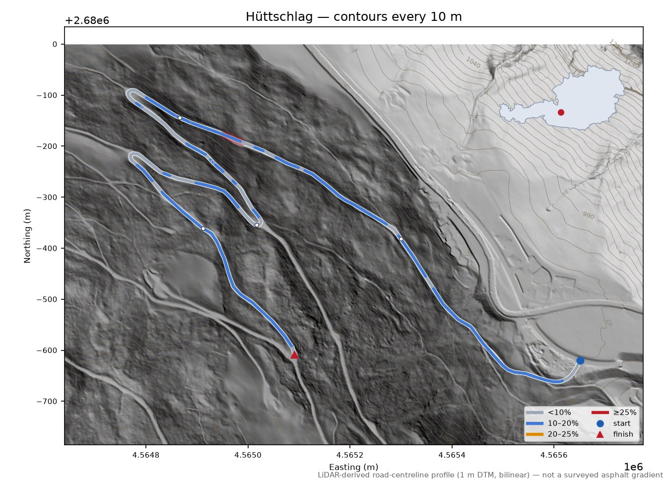 Hüttschlag LiDAR hillshade map with contours