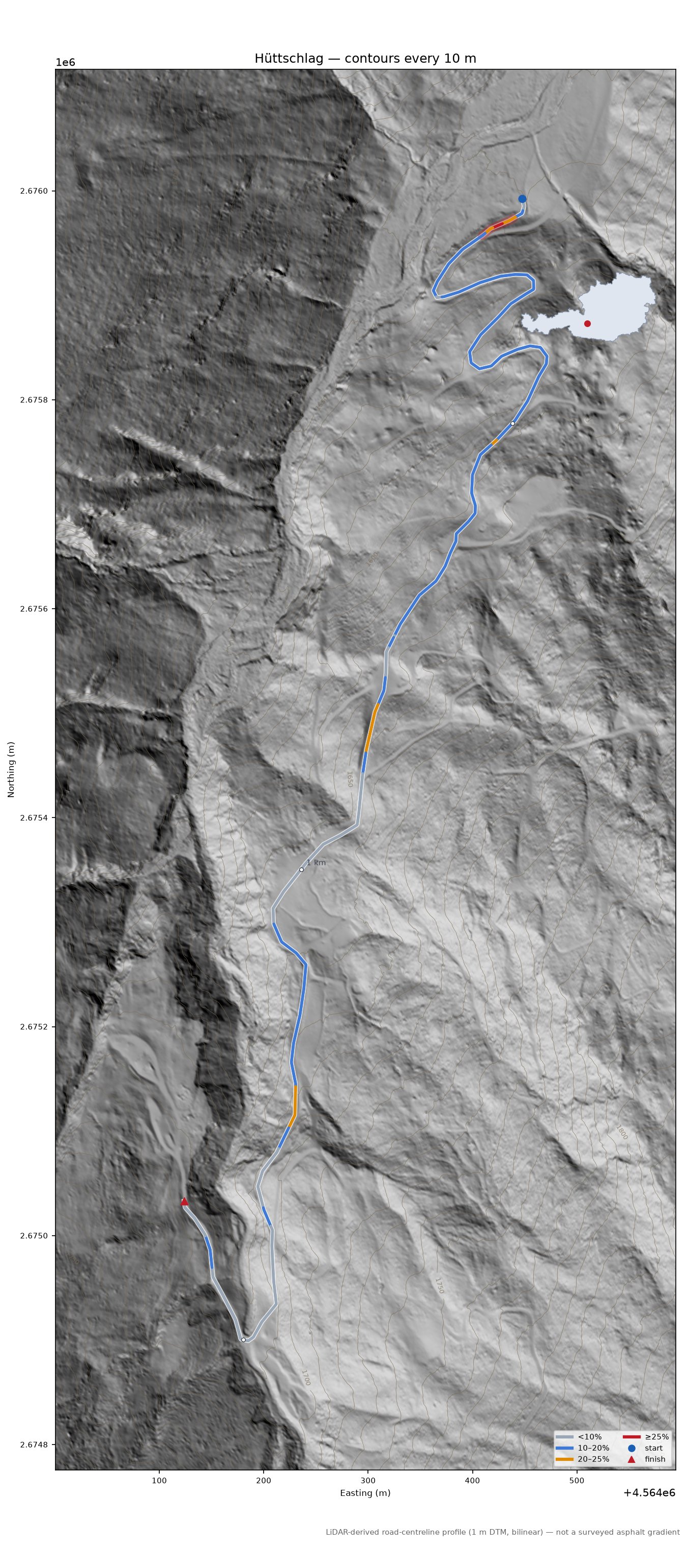 Hüttschlag LiDAR hillshade map with contours