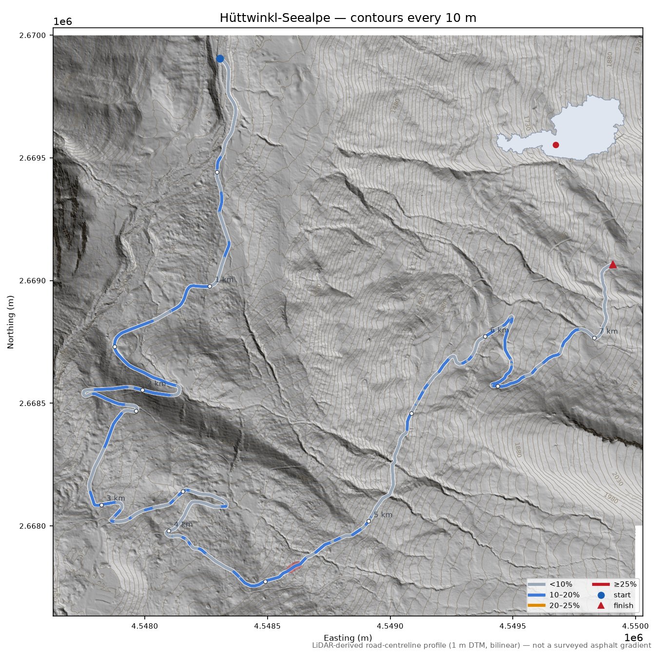 Hüttwinkl-Seealpe LiDAR hillshade map with contours