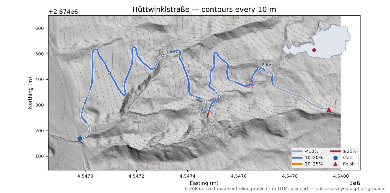 Hüttwinklstraße LiDAR hillshade map with contours