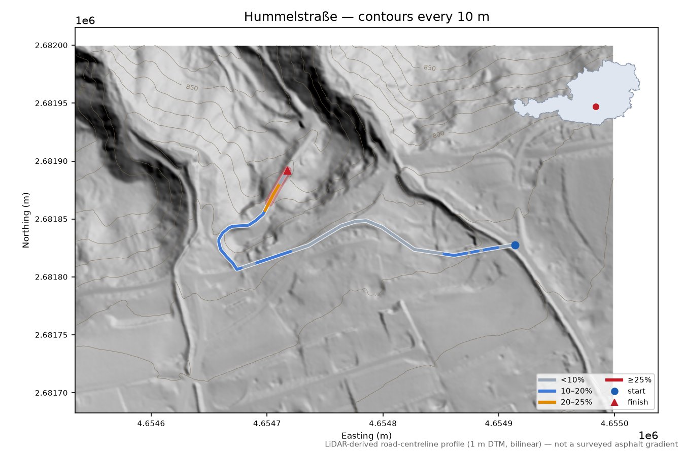 Hummelstraße LiDAR hillshade map with contours