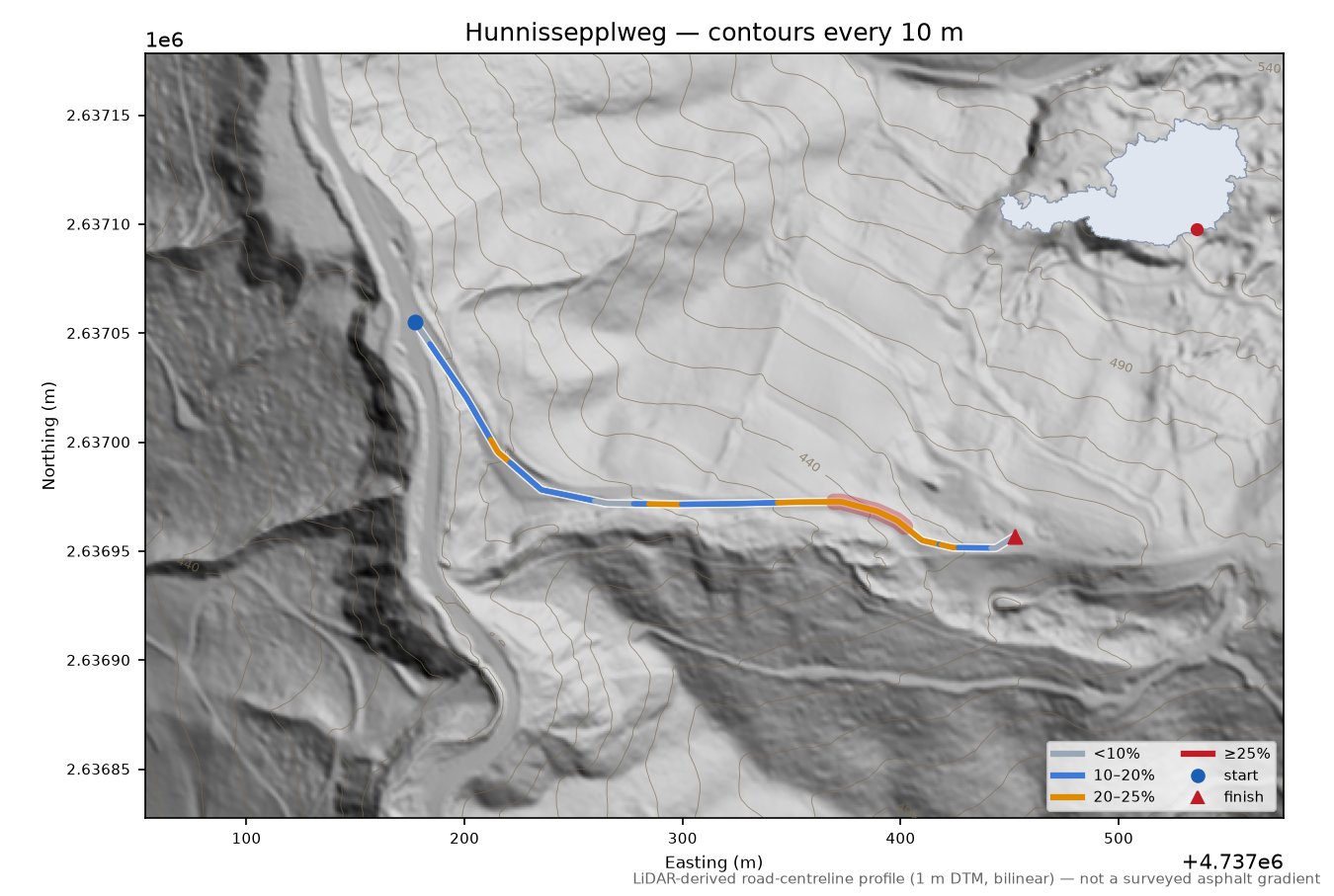 Hunnissepplweg LiDAR hillshade map with contours