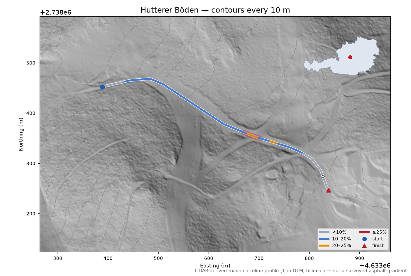 Hutterer Böden LiDAR hillshade map with contours