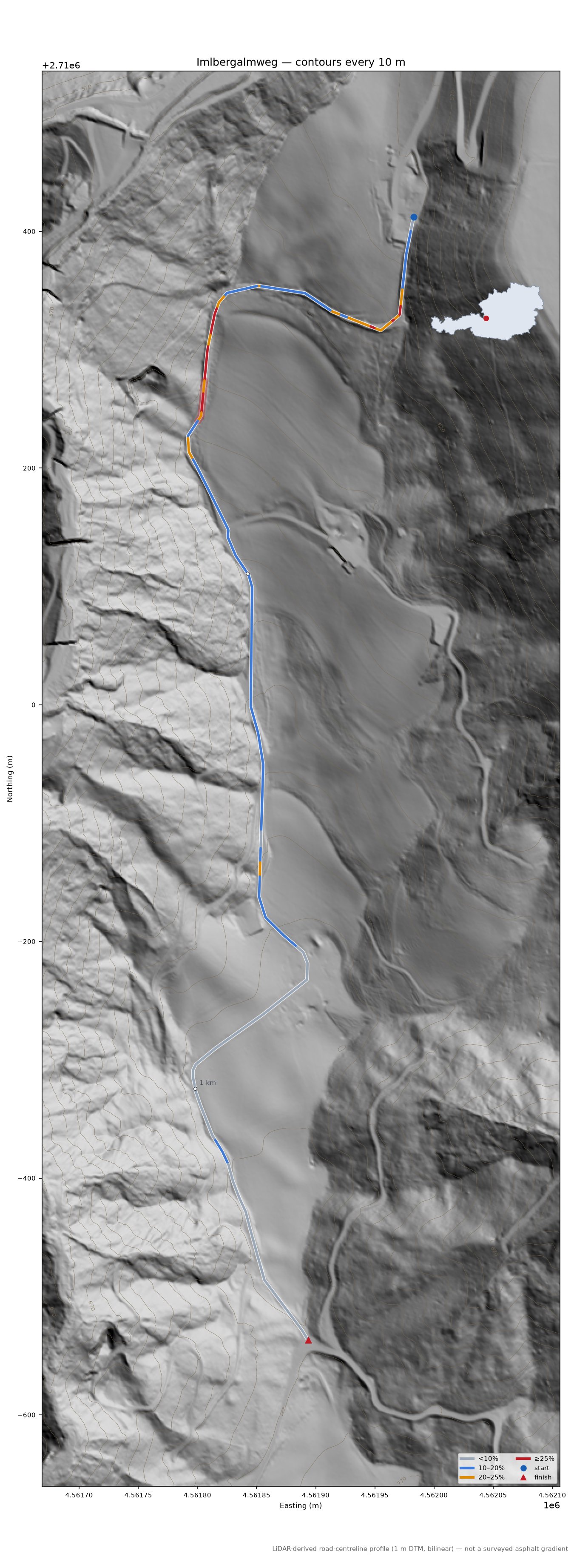 Imlbergalmweg LiDAR hillshade map with contours