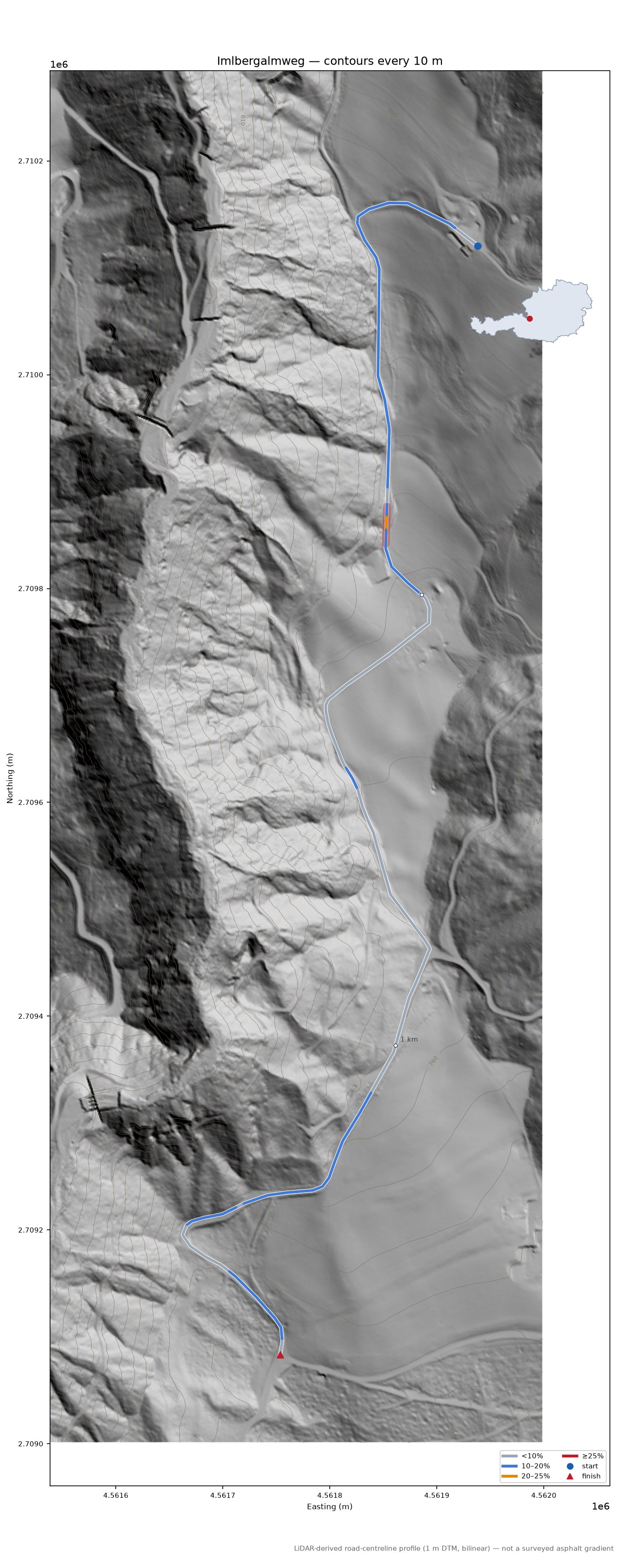 Imlbergalmweg LiDAR hillshade map with contours