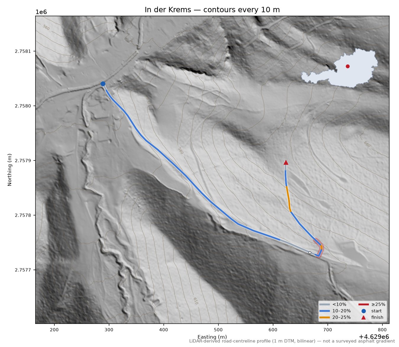 In der Krems LiDAR hillshade map with contours