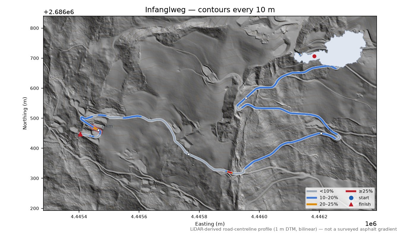 Infanglweg LiDAR hillshade map with contours