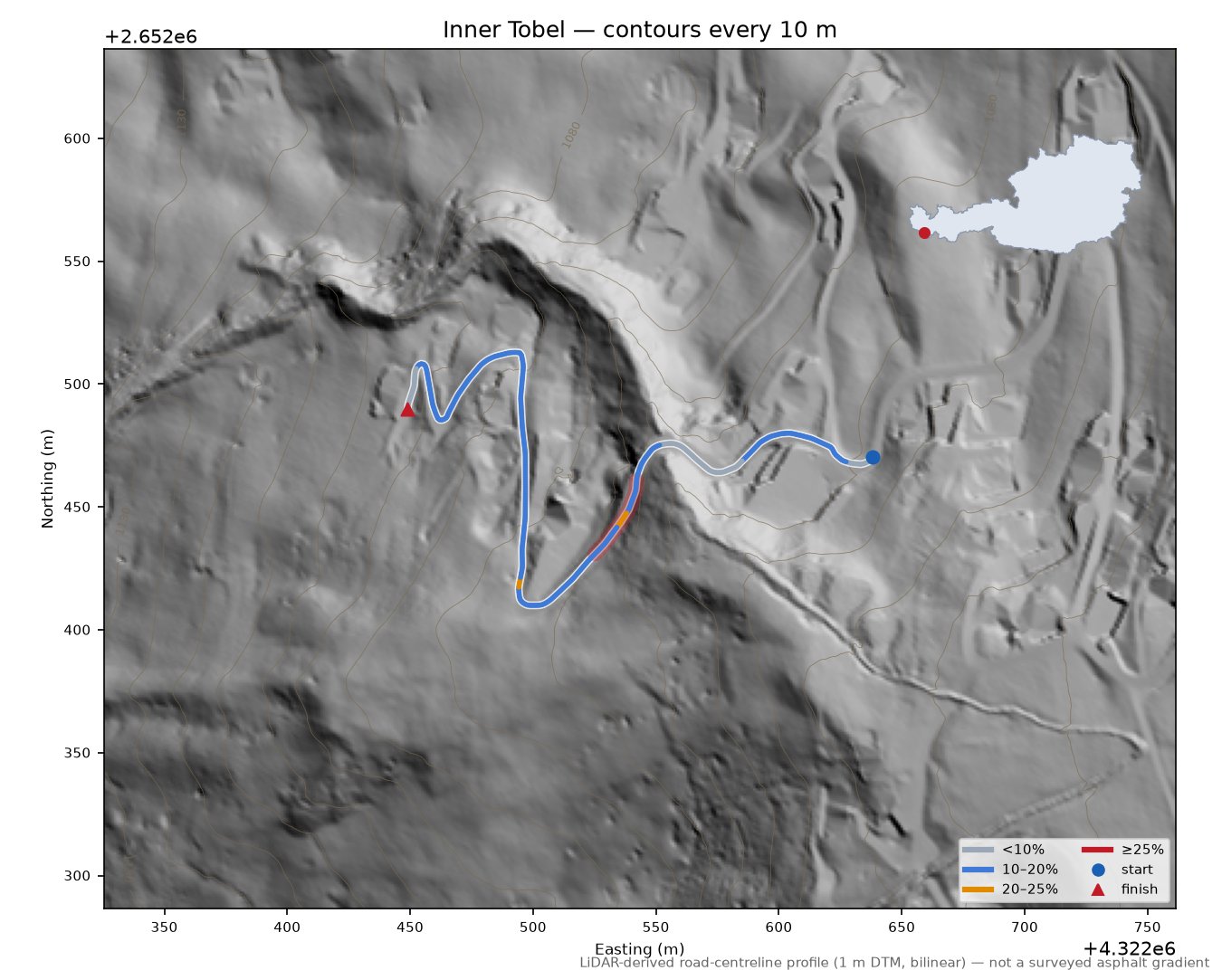 Inner Tobel LiDAR hillshade map with contours