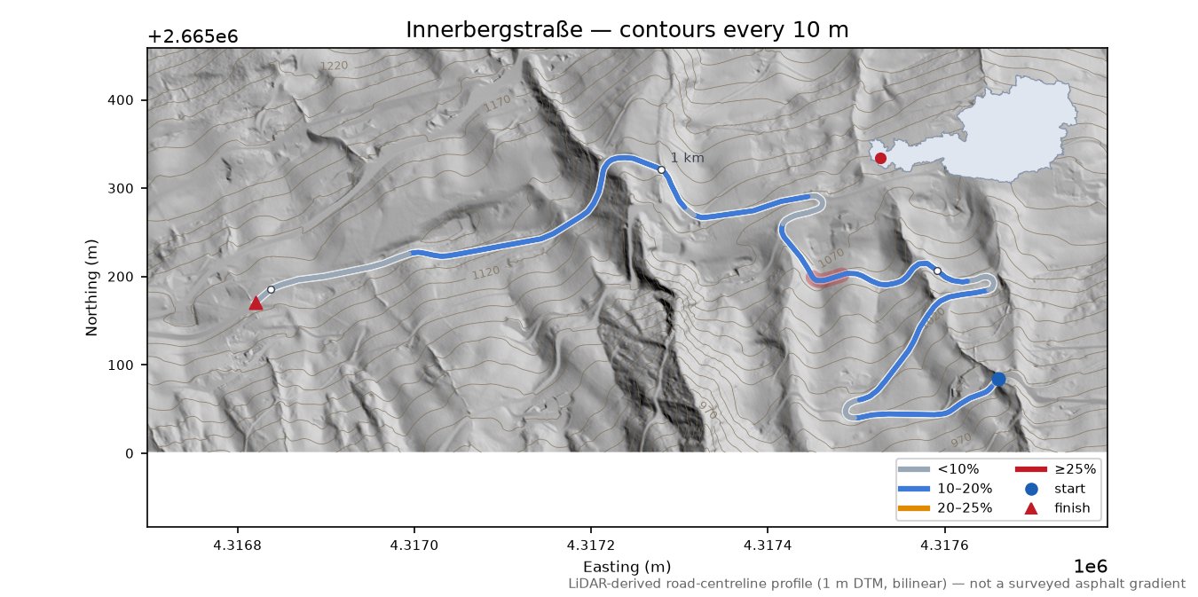Innerbergstraße LiDAR hillshade map with contours