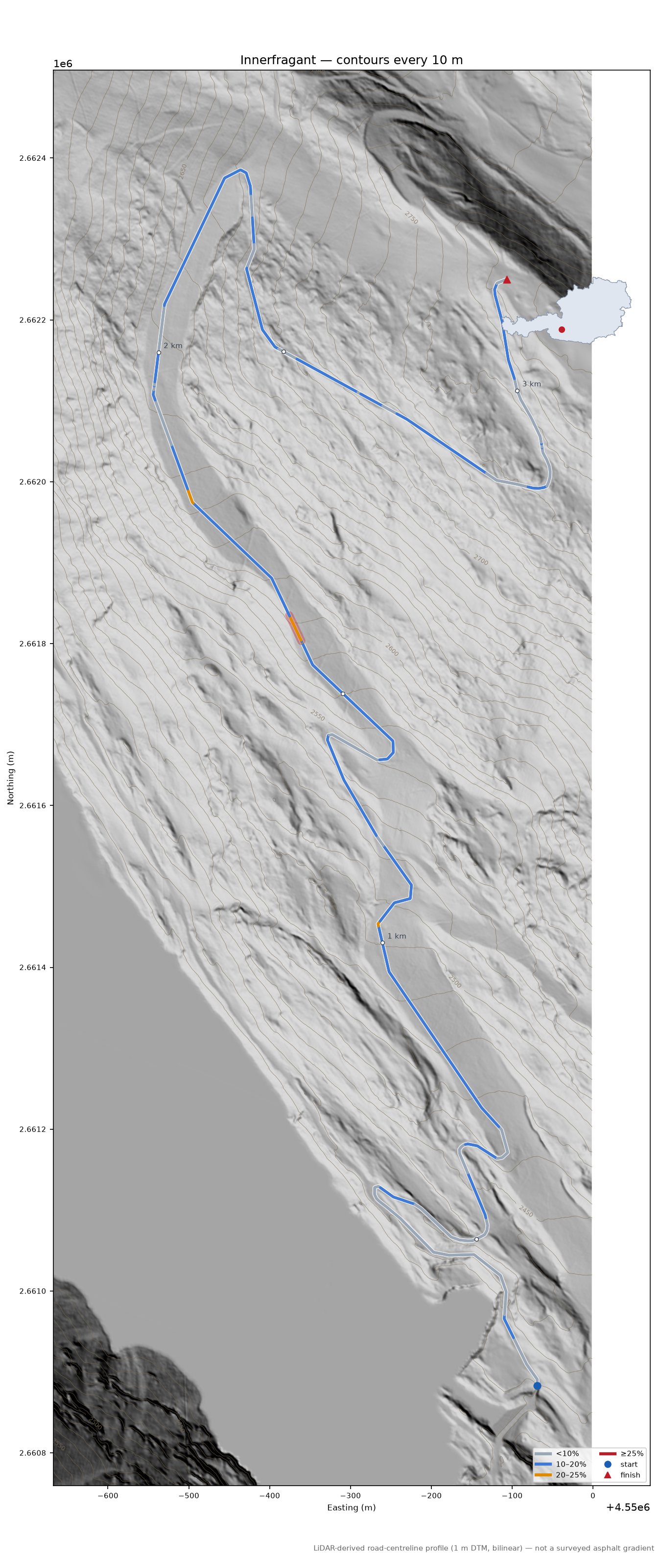 Innerfragant LiDAR hillshade map with contours