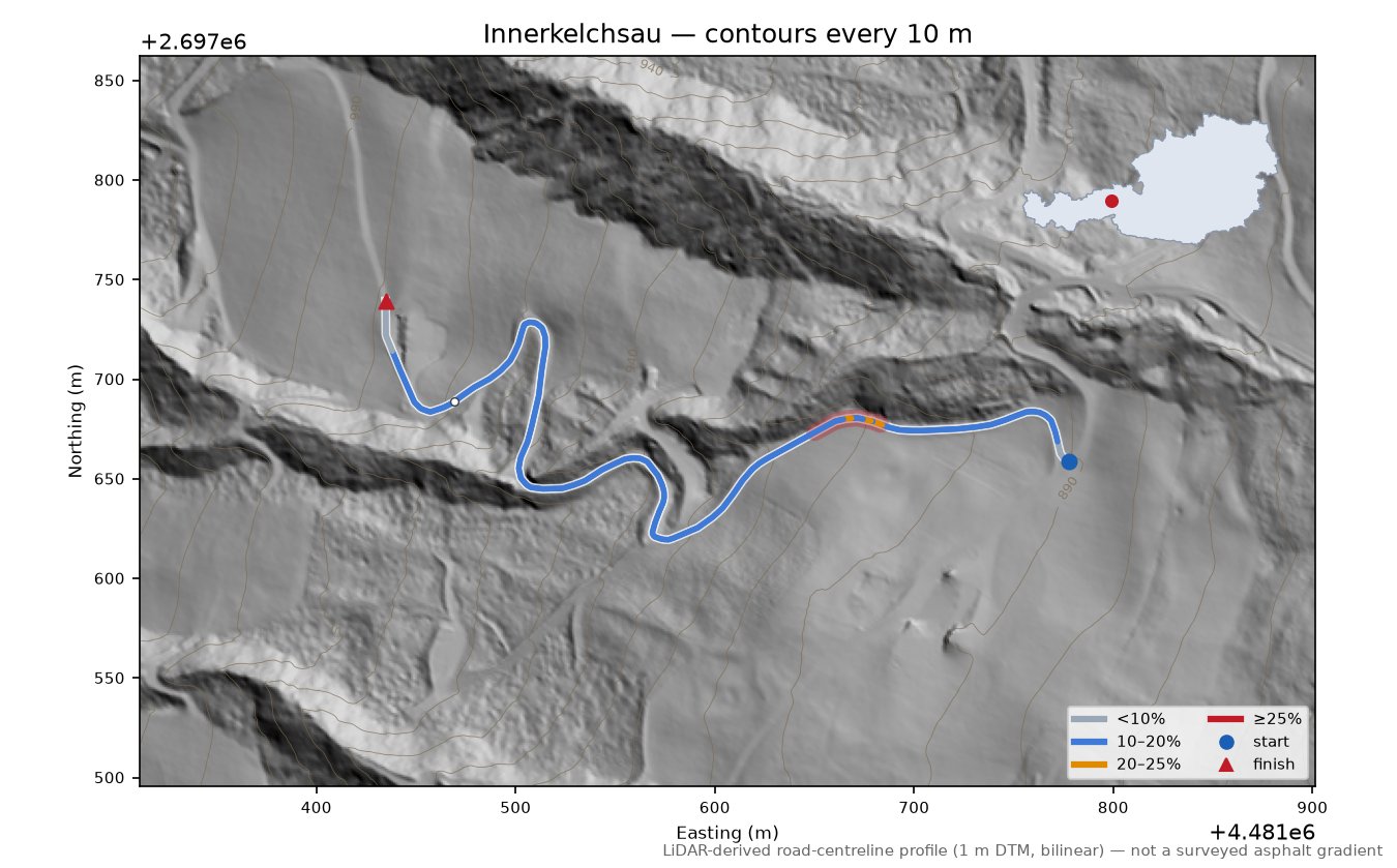 Innerkelchsau LiDAR hillshade map with contours