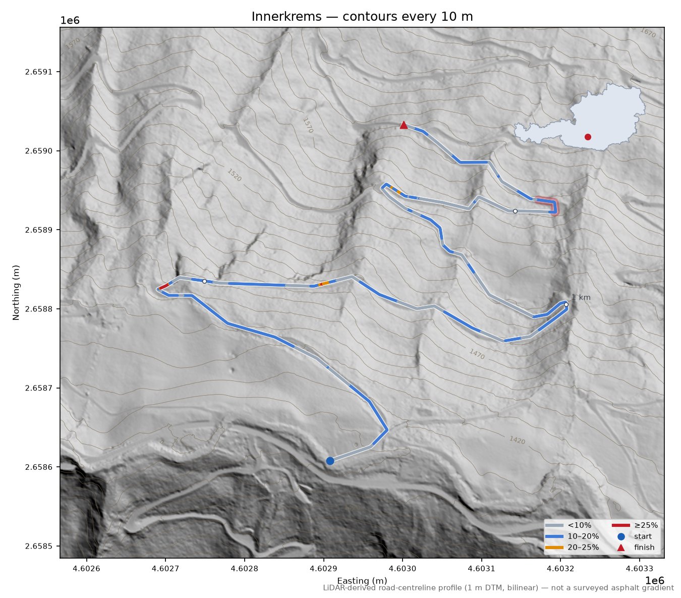 Innerkrems LiDAR hillshade map with contours