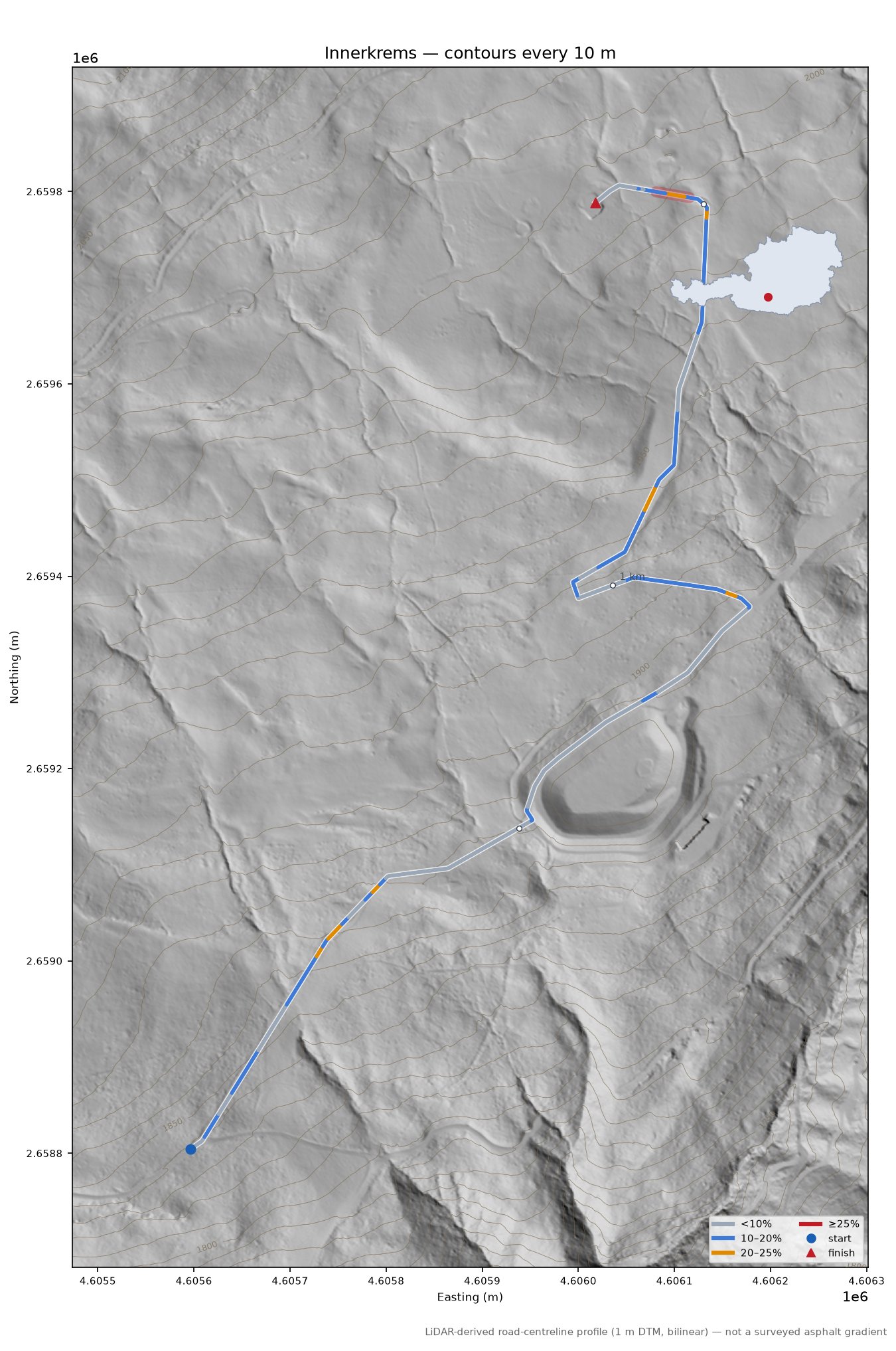Innerkrems LiDAR hillshade map with contours