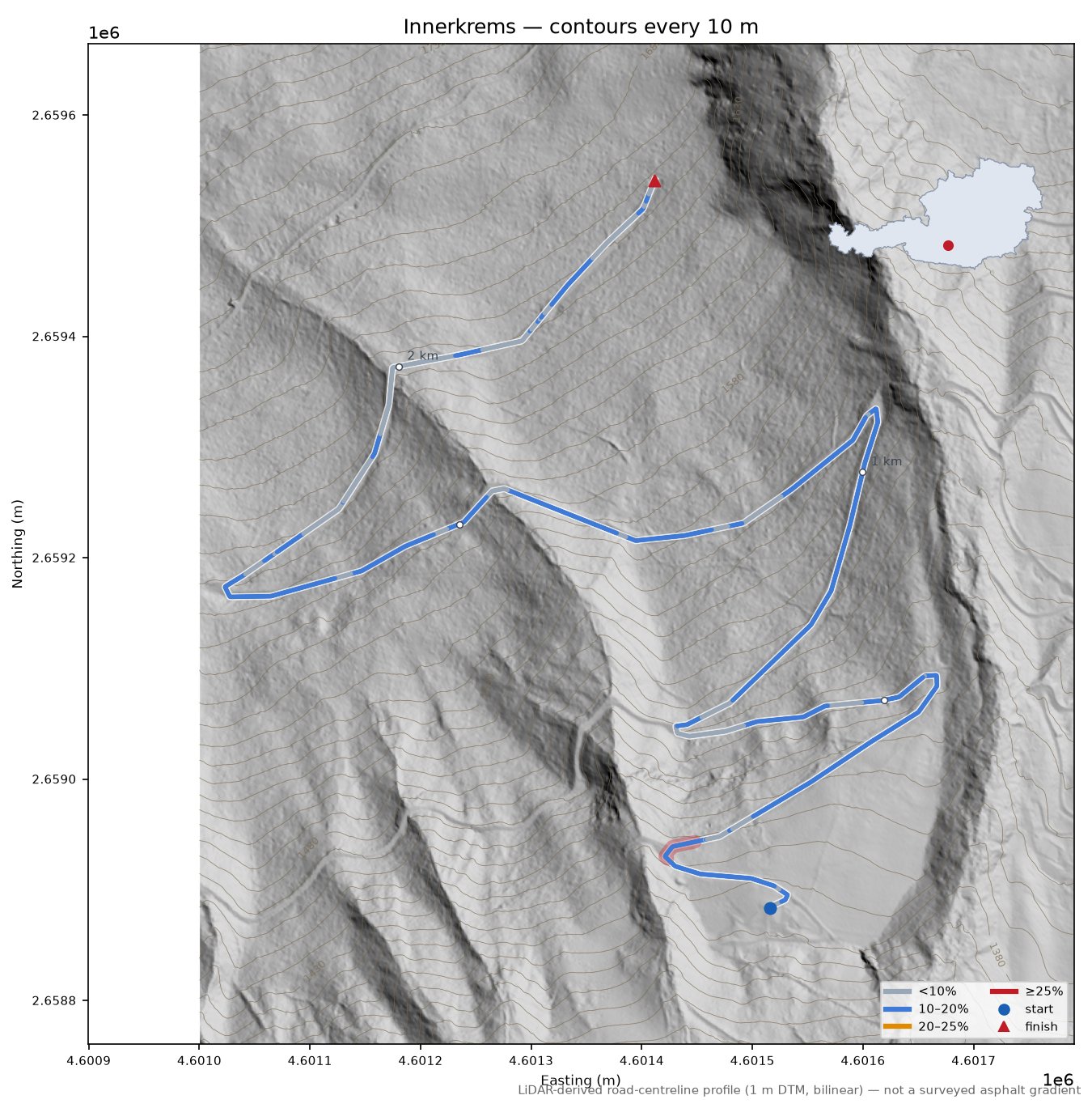 Innerkrems LiDAR hillshade map with contours