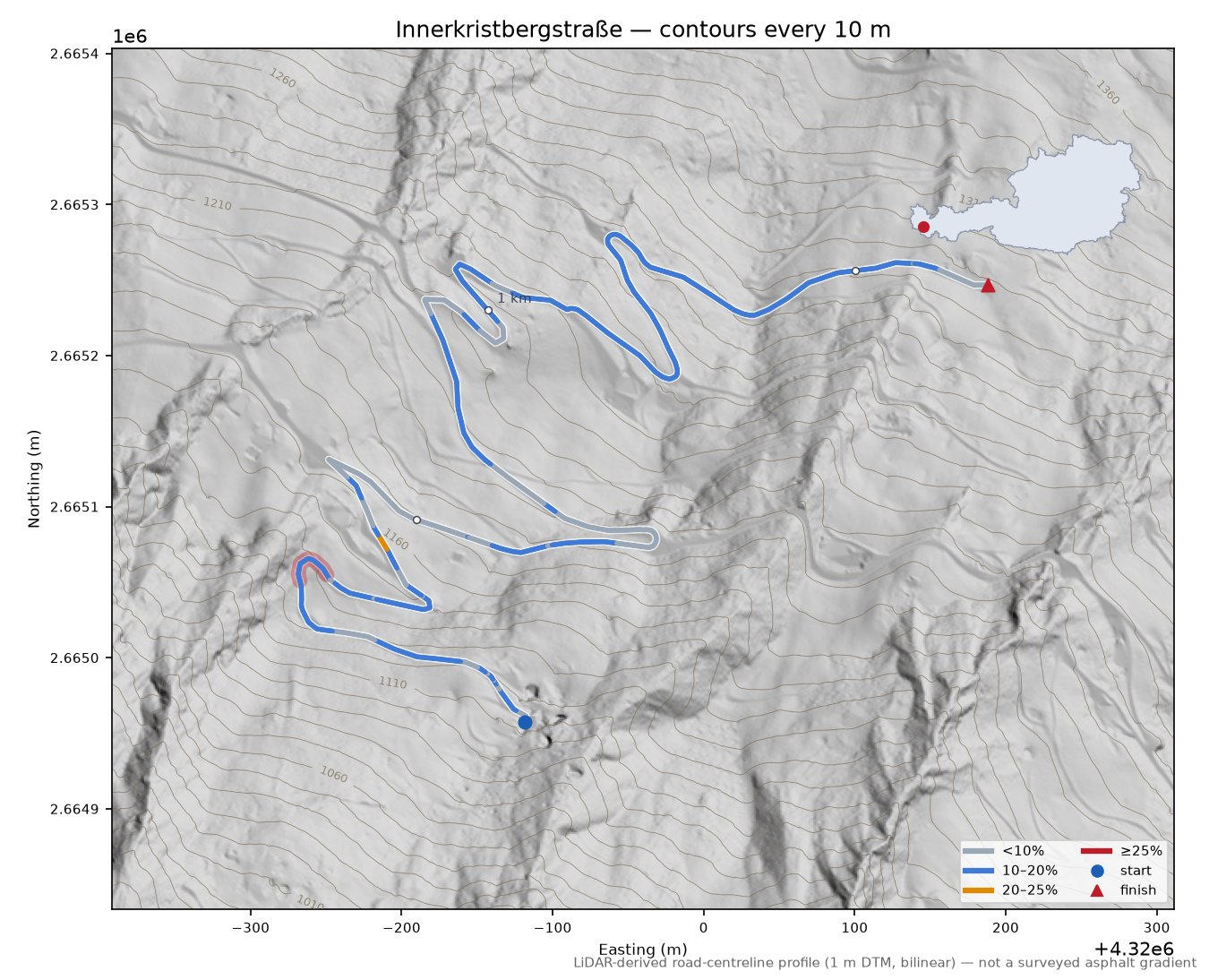 Innerkristbergstraße LiDAR hillshade map with contours