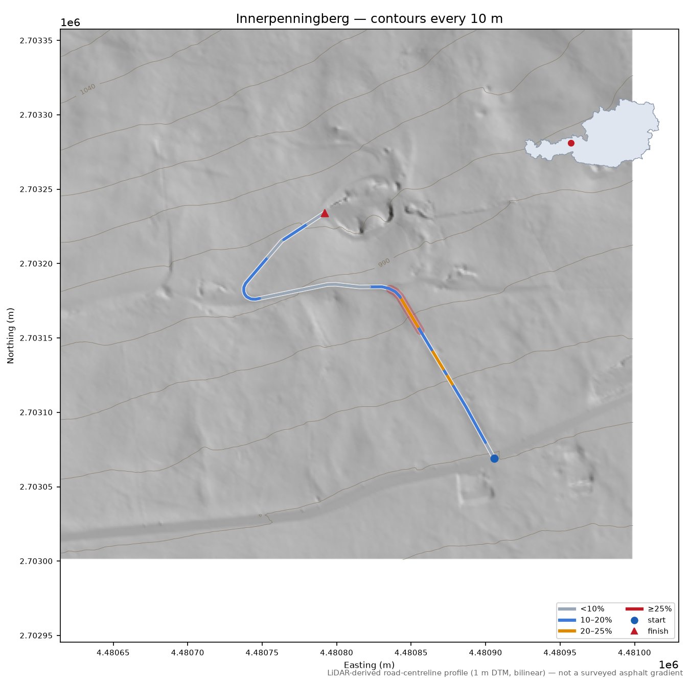 Innerpenningberg LiDAR hillshade map with contours