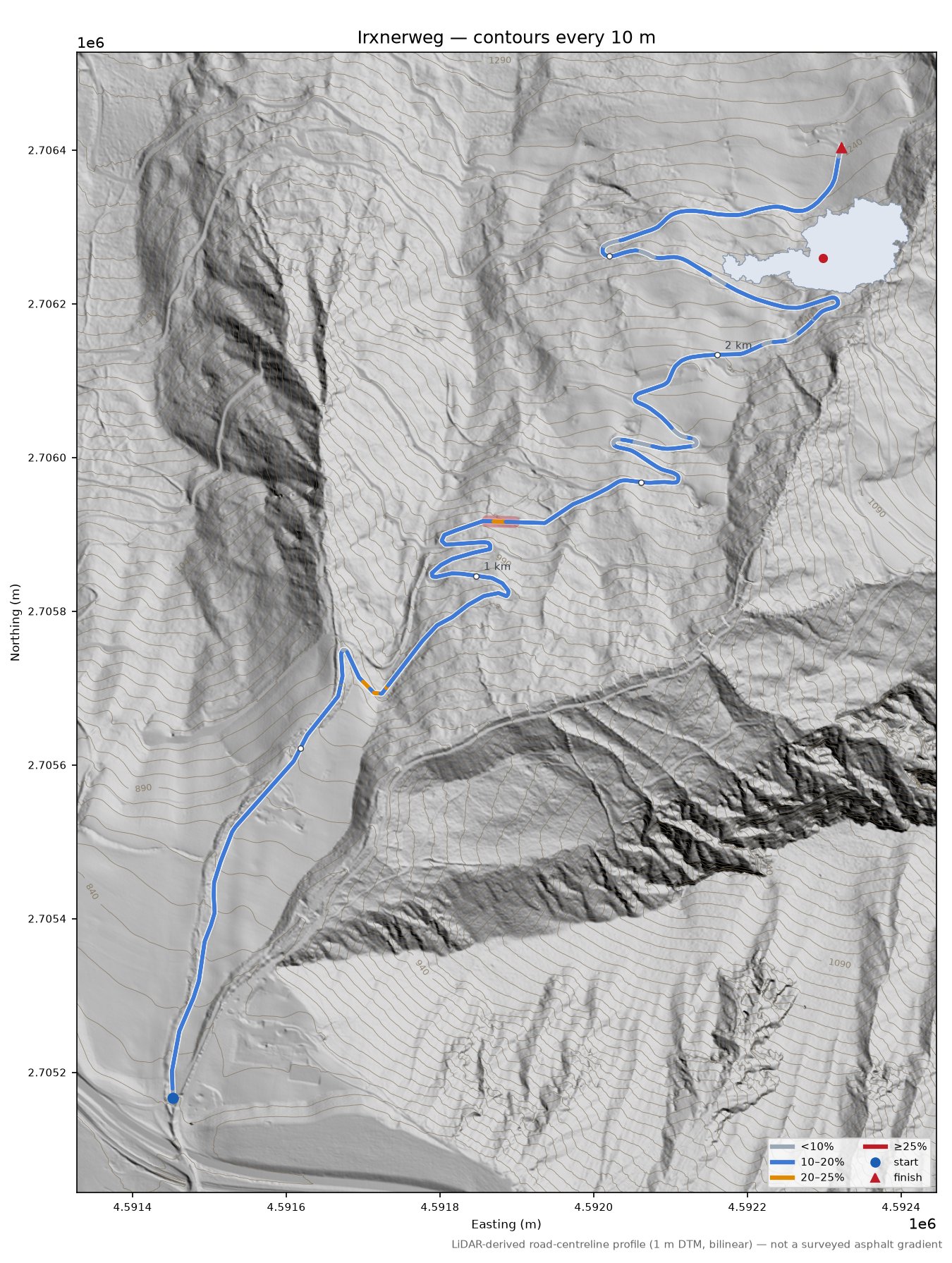 Irxnerweg LiDAR hillshade map with contours