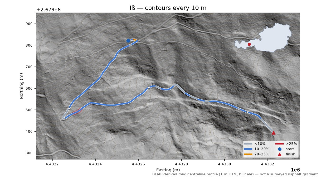 Iß LiDAR hillshade map with contours